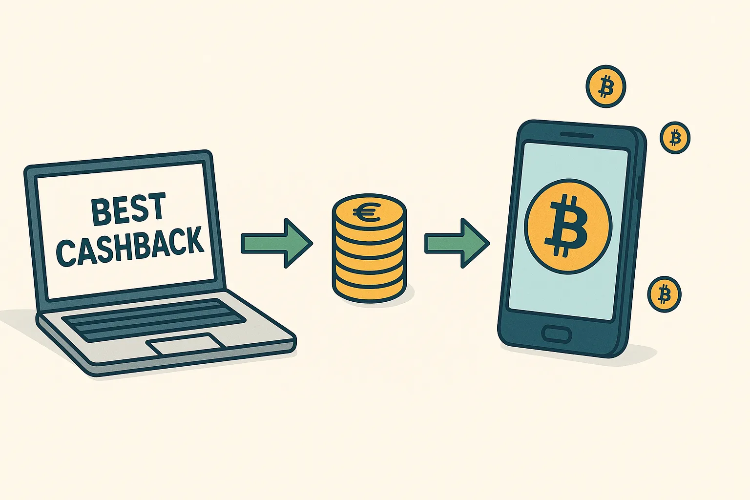 Un consommateur regarde son smartphone affichant la conversion d’un cashback en Bitcoin avec des pièces d’or et un symbole Bitcoin lévitant autour du téléphone