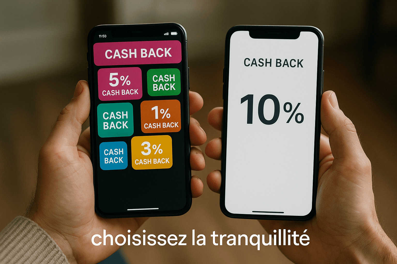 Un utilisateur compare plusieurs applis de cashback sur son smartphone, deux écrans visibles : l’un rempli de pop-ups colorés, l’autre épuré avec un simple taux de 10 % affiché. La légende « choisissez la tranquillité » apparaît en bas.