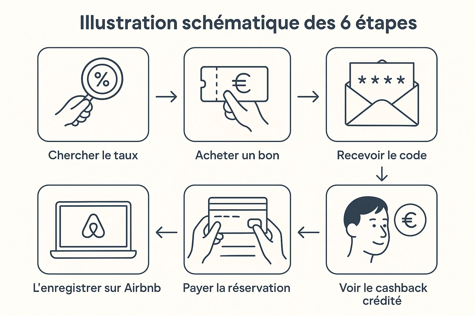 Illustration schématique des 6 étapes : chercher le taux, acheter un bon, recevoir le code, l’enregistrer sur Airbnb, payer la réservation, voir le cashback crédité.