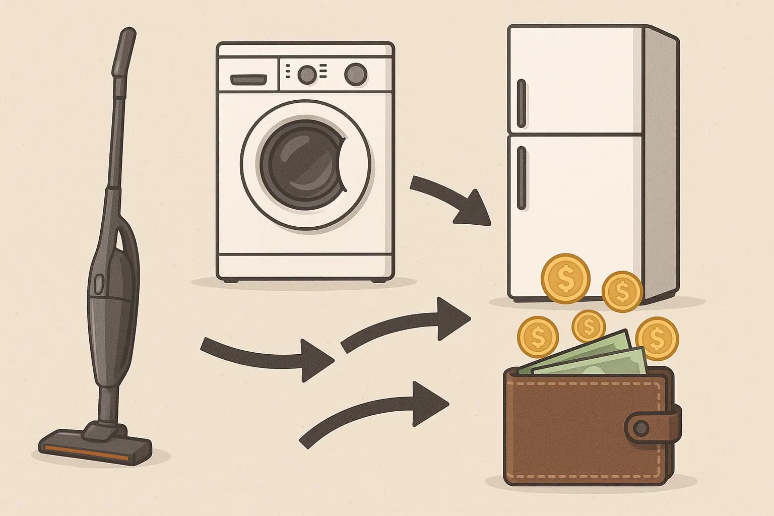 Infographie style flat design montrant un aspirateur balai, un lave-linge et un réfrigérateur avec des flèches pointant vers un portefeuille rempli de pièces et de billets, illustrant la notion de cashback sur les appareils électroménagers.