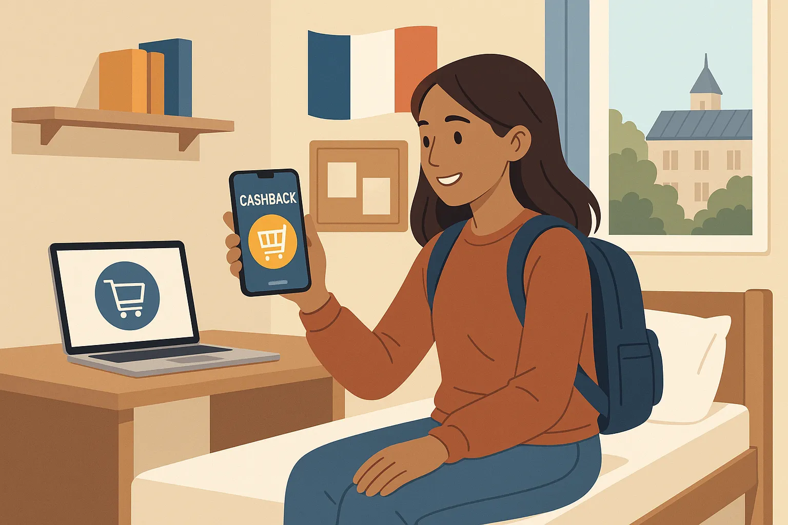 Une étudiante internationale consulte une application de cashback sur son smartphone dans une chambre universitaire française, un ordinateur portable ouvert à côté d'elle montrant un panier d'achat en ligne.
