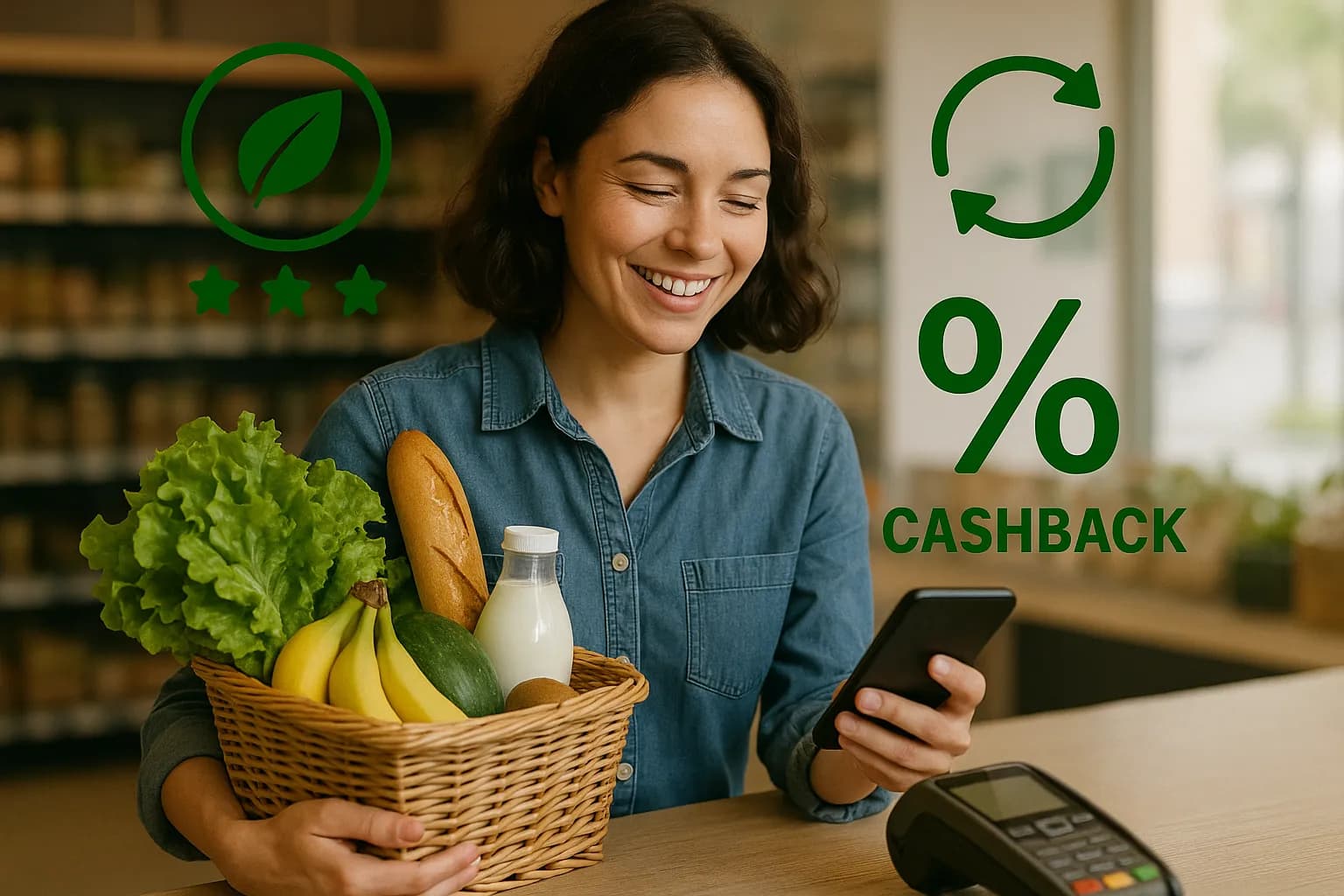 Illustration d’une consommatrice souriante payant un panier de produits bio grâce à une application de cashback sur son smartphone. Autour d’elle, des icônes vertes symbolisent un leaf score, un pourcentage de cashback et une flèche de recyclage.