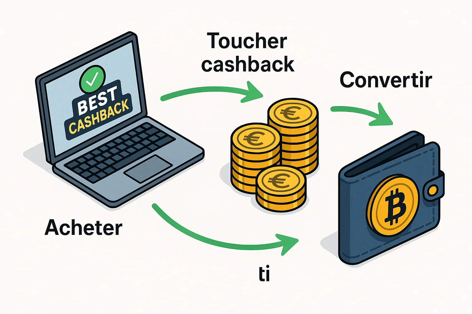 Illustration en vue isométrique : un parcours en trois étapes relie un ordinateur affichant un logo Best Cashback, une pile de pièces en euros, puis un portefeuille numérique avec le symbole Bitcoin. Flèches vertes indiquent la progression « Acheter → Toucher cashback → Convertir ».