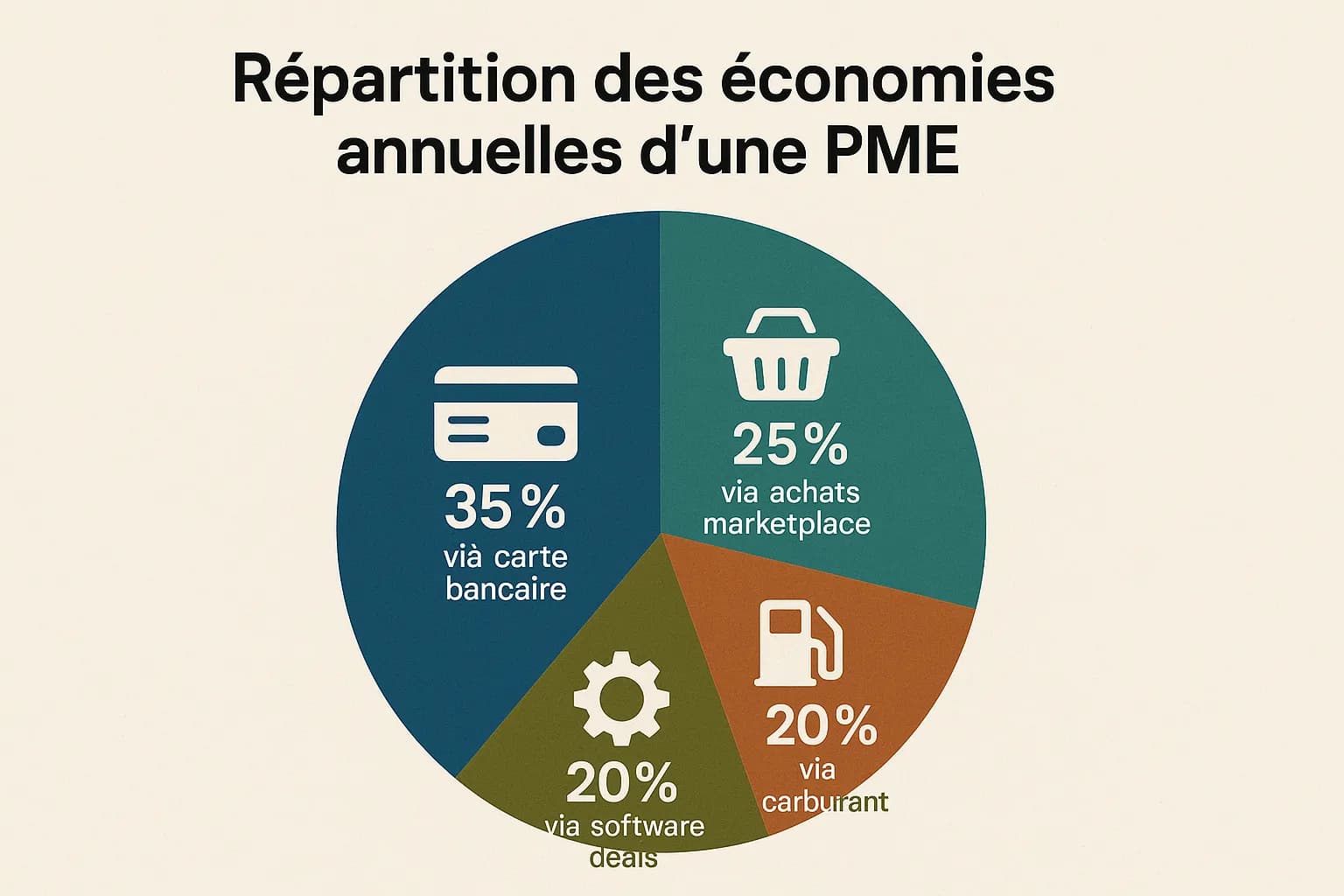 Graphique stylisé présentant la répartition des économies annuelles d’une PME : 35 % via carte bancaire, 25 % via achats marketplace, 20 % via carburant, 20 % via software deals.