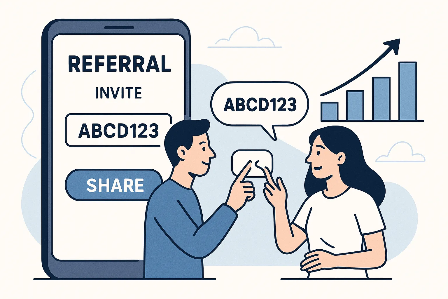 Illustration montrant un smartphone avec écran d’invitation de parrainage, deux personnages échangeant un code et un graphique de gains croissants
