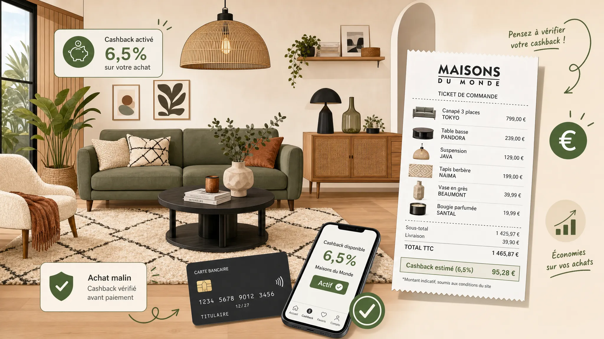 Un coin salon avec canapé, table basse, tapis, plantes et objets de décoration, vu de trois quarts, avec un panier d’achat et quelques repères de remise pour illustrer les économies sur l’ameublement.