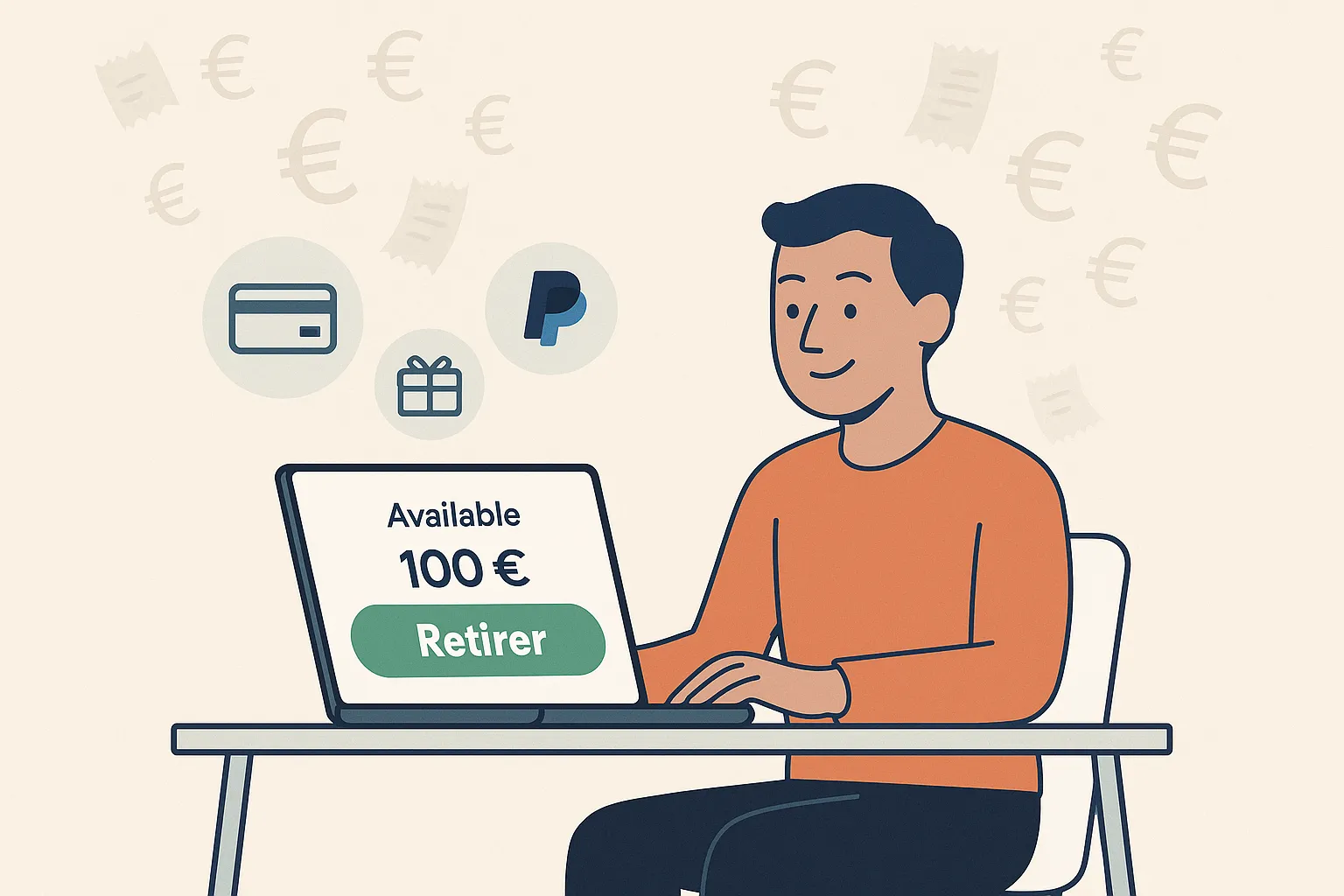 Illustration flat : utilisateur exaspéré regardant un smartphone affichant un bouton « Retirer 150 € » grisé, avec des tickets de caisse empilés en arrière‑plan — symbolisant des cashback validés mais non encaissés.
