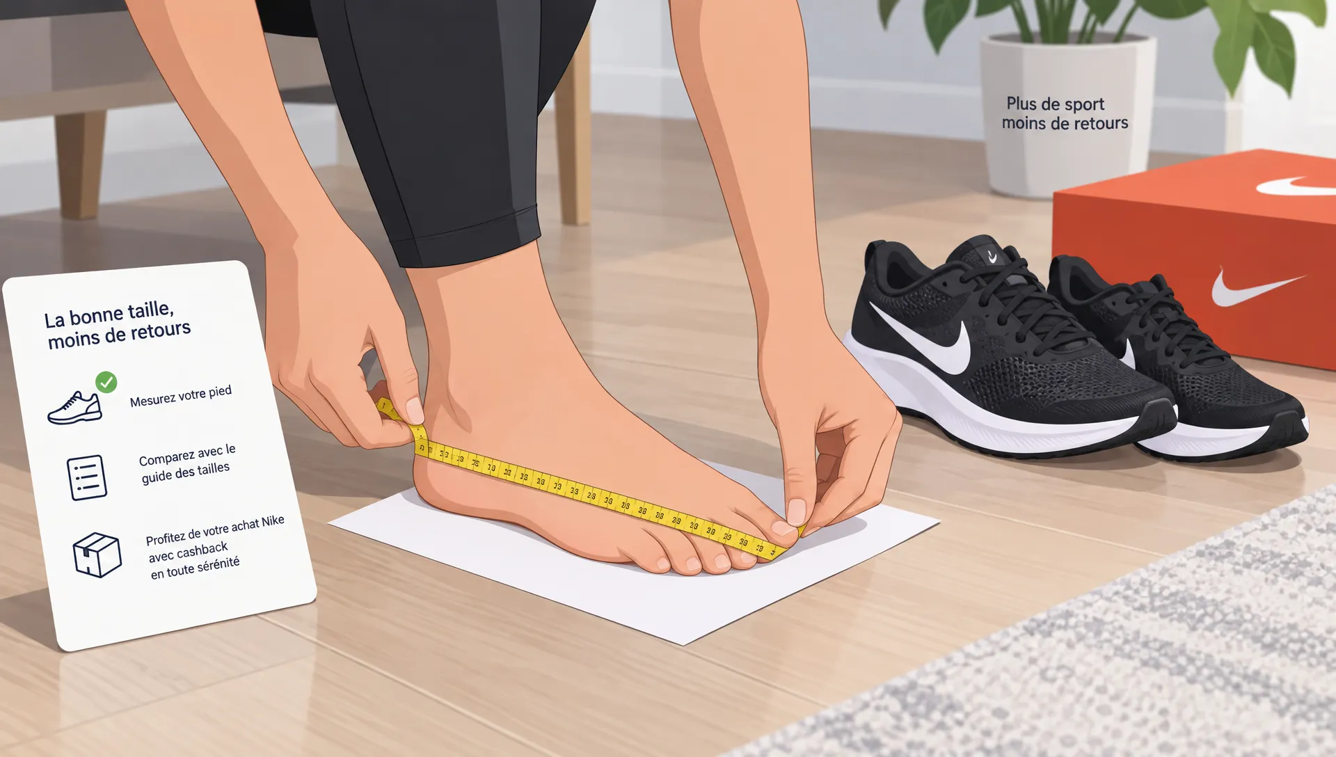 Une personne mesure un pied avec un mètre ruban près de deux chaussures de sport, afin de choisir la bonne taille et limiter le risque de retour après un achat Nike avec cashback.