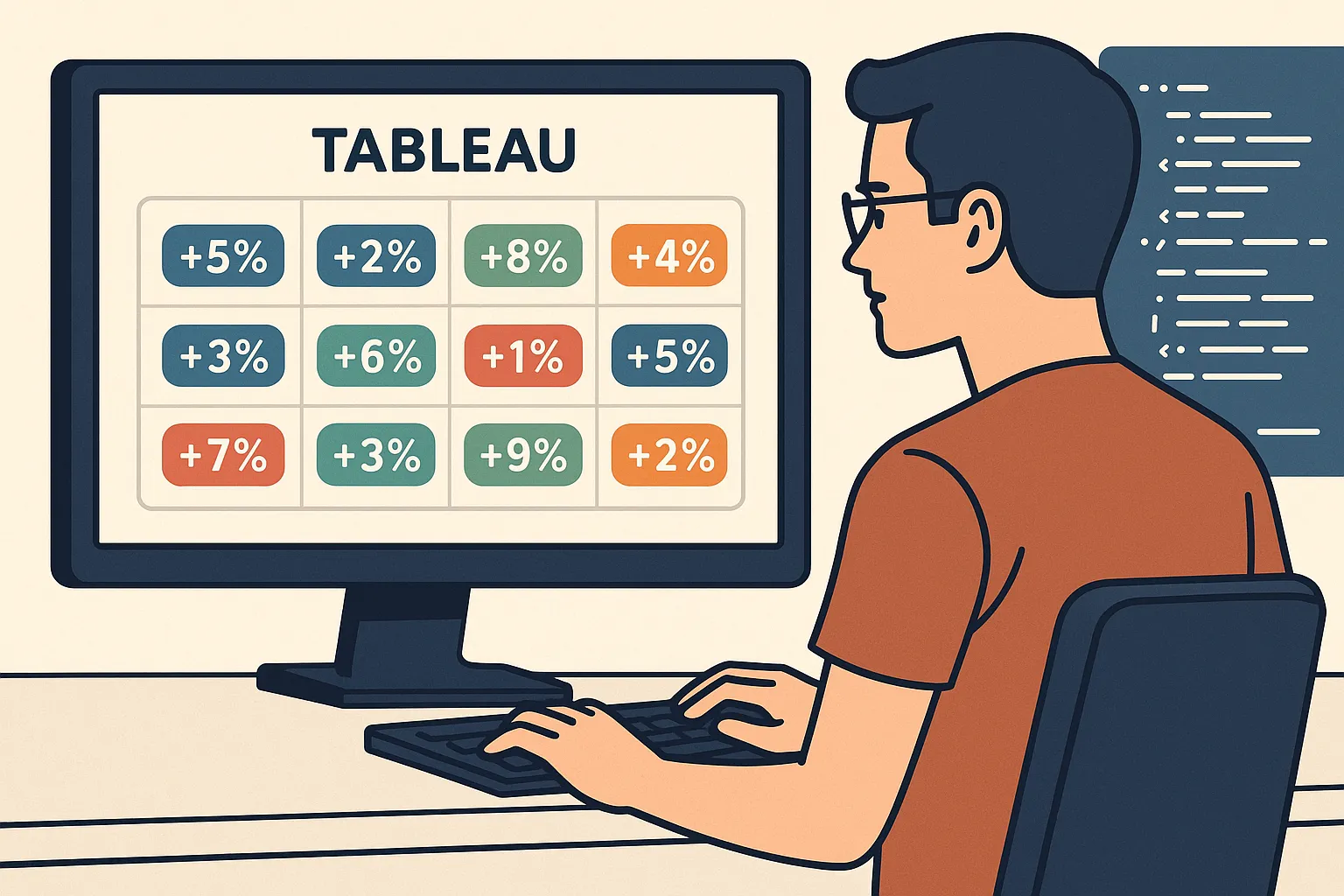 Un écran d’ordinateur affiche un tableau rempli de taux de cashback colorés pendant qu’un développeur observe des lignes de code, illustrant la complexité d’un moteur de comparaison en temps réel.