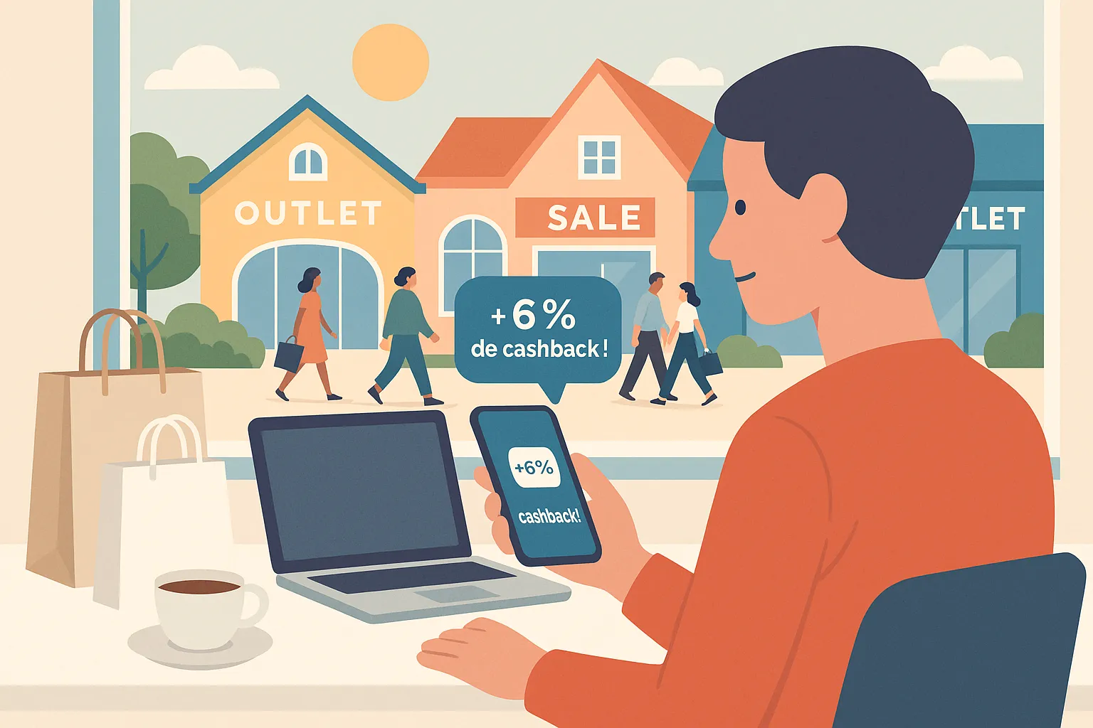 Acheteur consultant son smartphone devant un outlet, notification « +6 % de cashback disponible » affichée à l’écran, sacs shopping au soleil