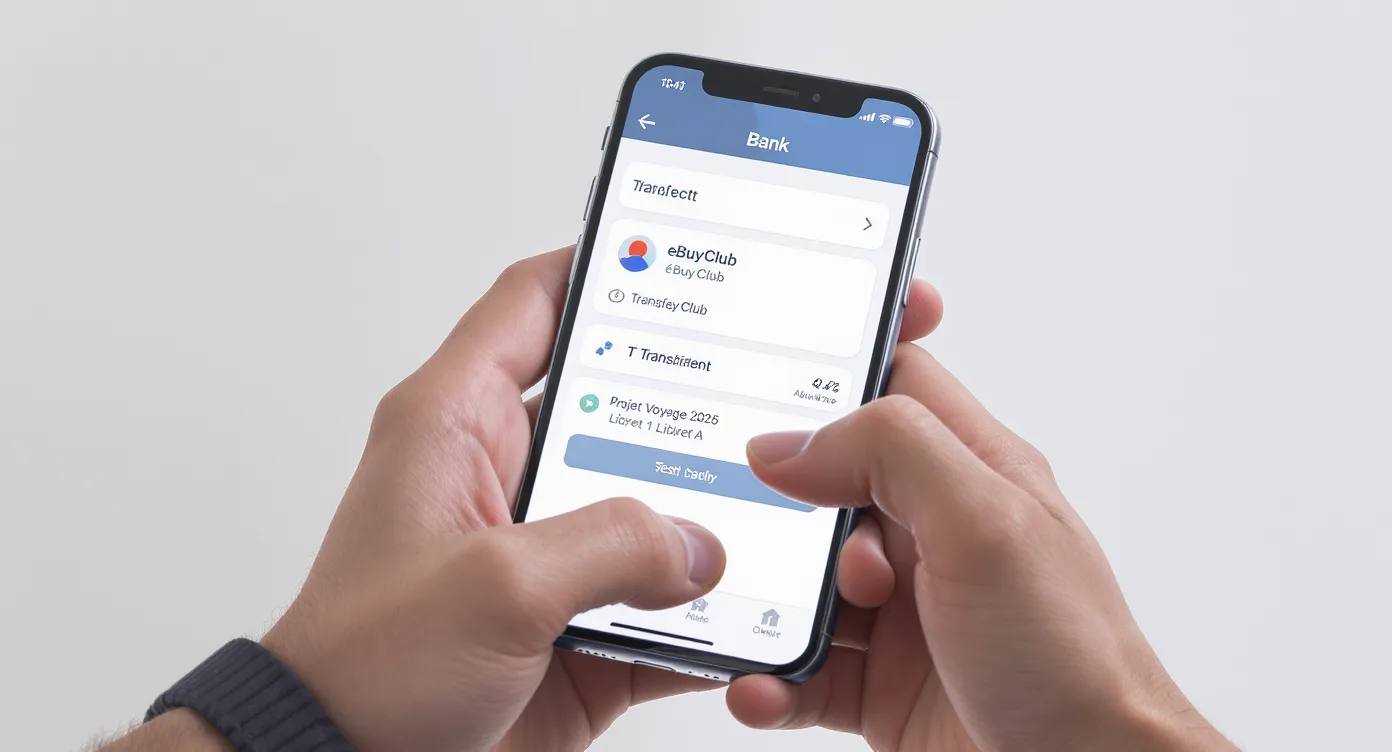 Un utilisateur consulte l’application de sa banque sur son smartphone ; l’écran affiche un virement reçu depuis « eBuyClub » et un ordre de transfert immédiat vers un Livret A intitulé « Projet Voyage 2026 ».