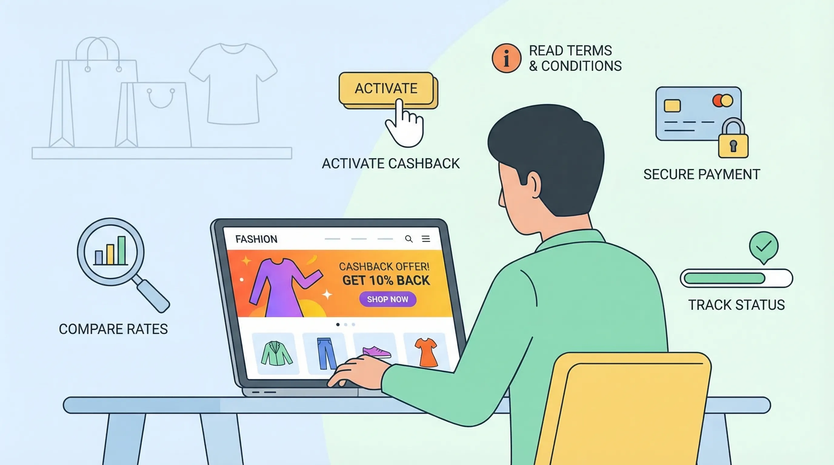 Comparateur de cashback affiché sur un smartphone à côté de vêtements et d’une boîte de retour, symbolisant gains, retours et limites de la fast fashion en 2026