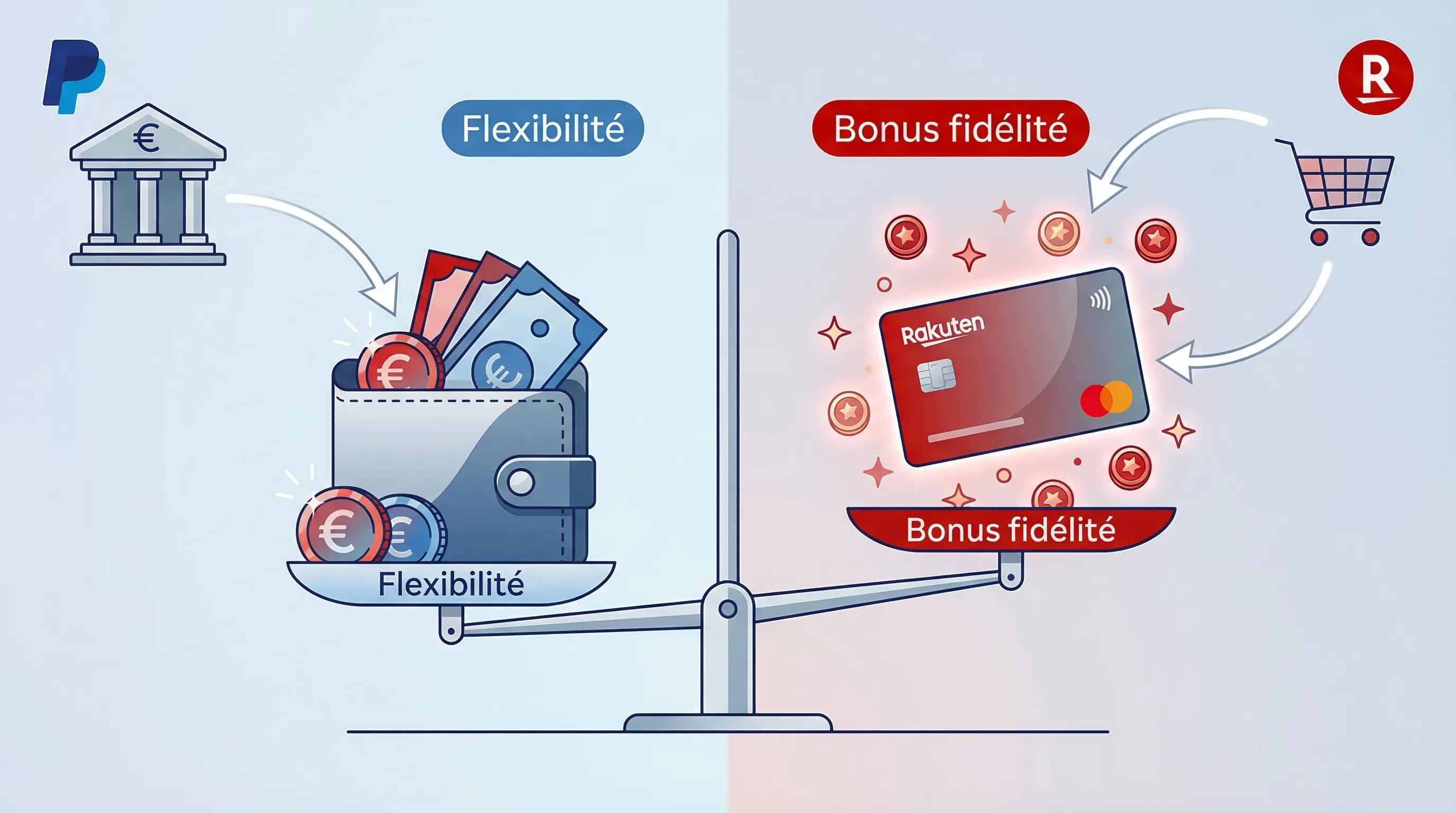 Illustration comparative : portefeuille en euros à gauche, carte de fidélité avec points à droite, et une balance montrant « flexibilité » côté euros et « fidélité/bonus » côté points