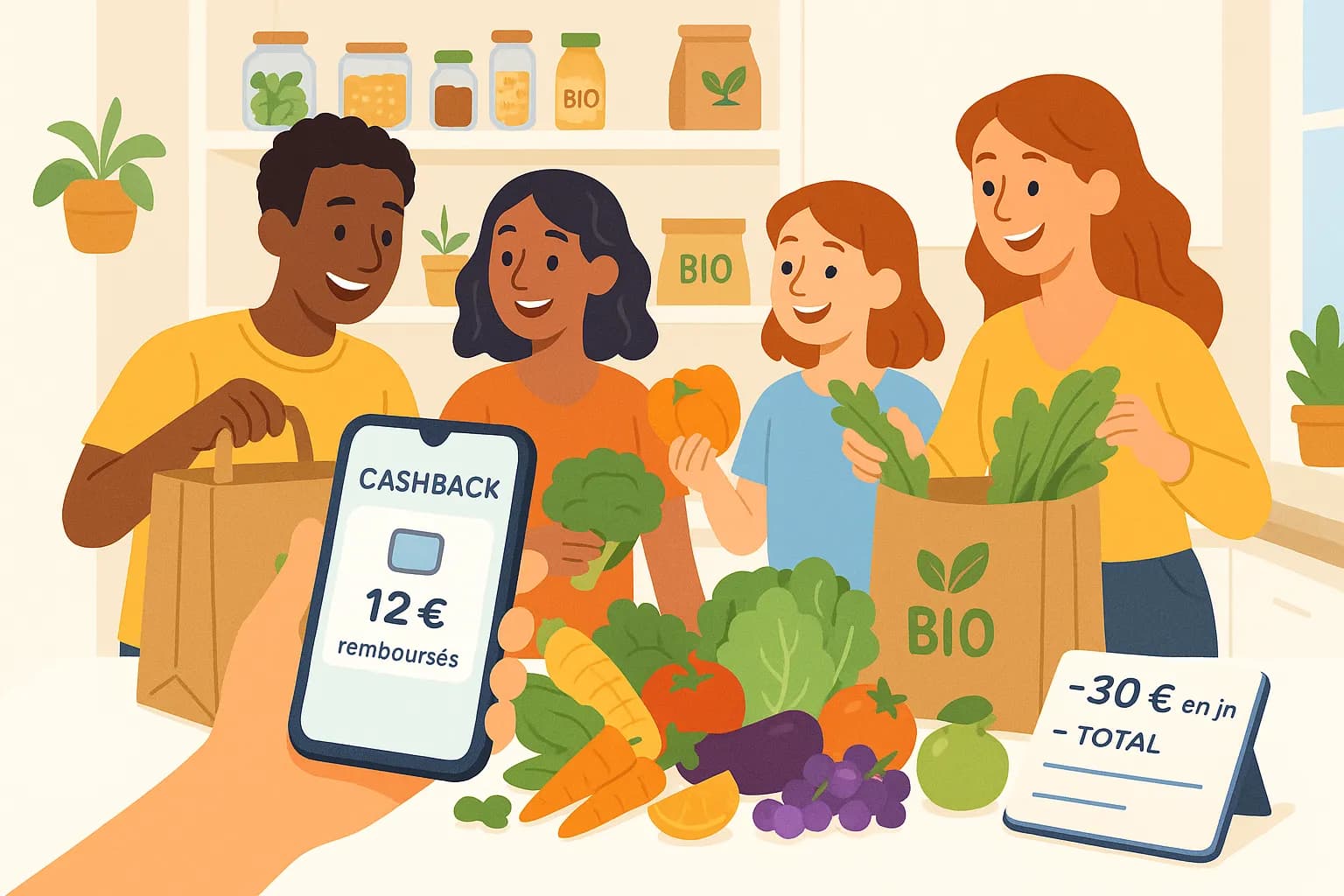 Une jeune femme souriante tient un cabas rempli de légumes et fruits bio multicolores dans une épicerie en vrac décorée de meubles en bois ; son autre main montre l’écran d’un smartphone affichant un cashback de 12 €