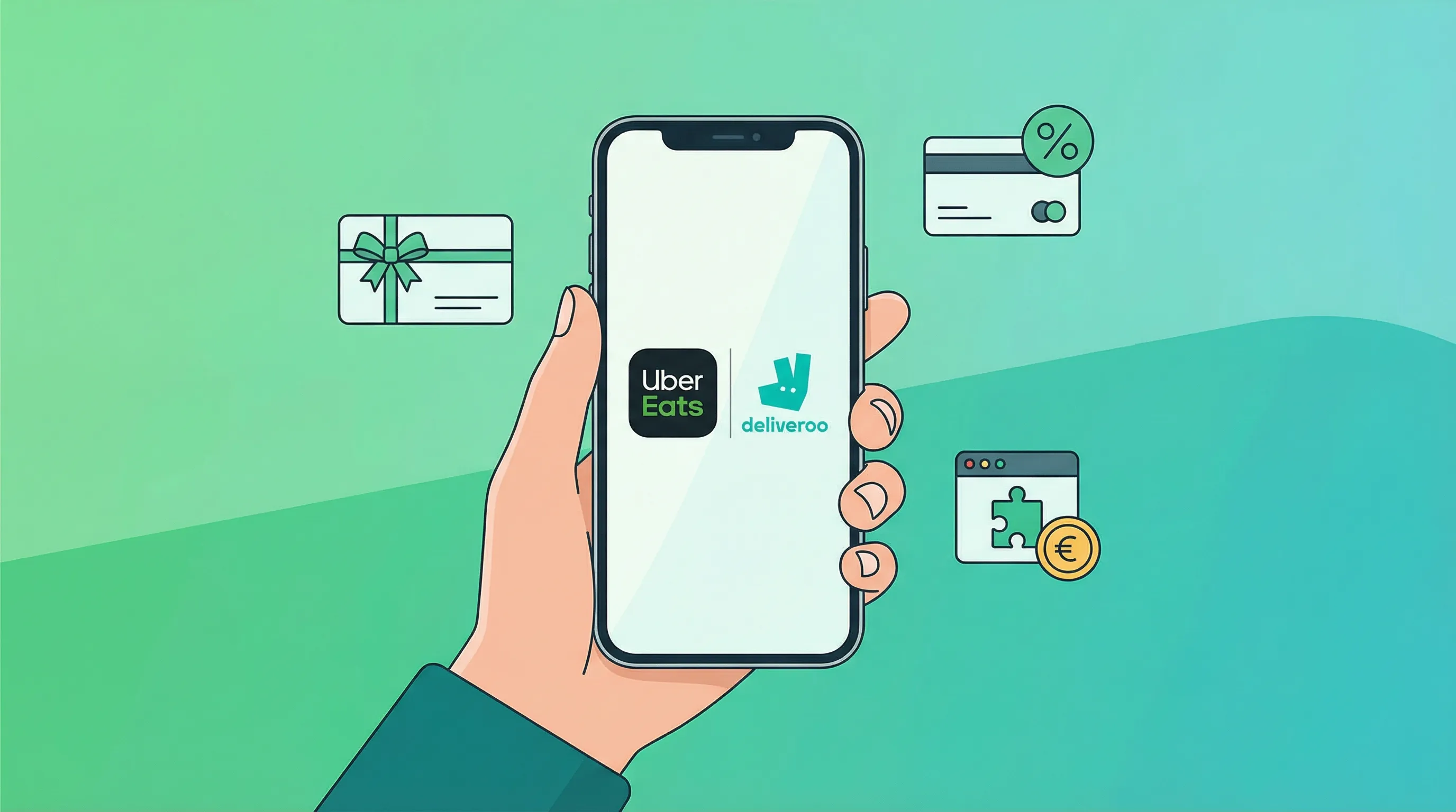 Smartphone affichant les logos Uber Eats et Deliveroo, accompagné de pictogrammes représentant une carte cadeau, une carte bancaire et une extension de cashback — visuel comparatif des méthodes pour obtenir du cashback sur la livraison de repas.
