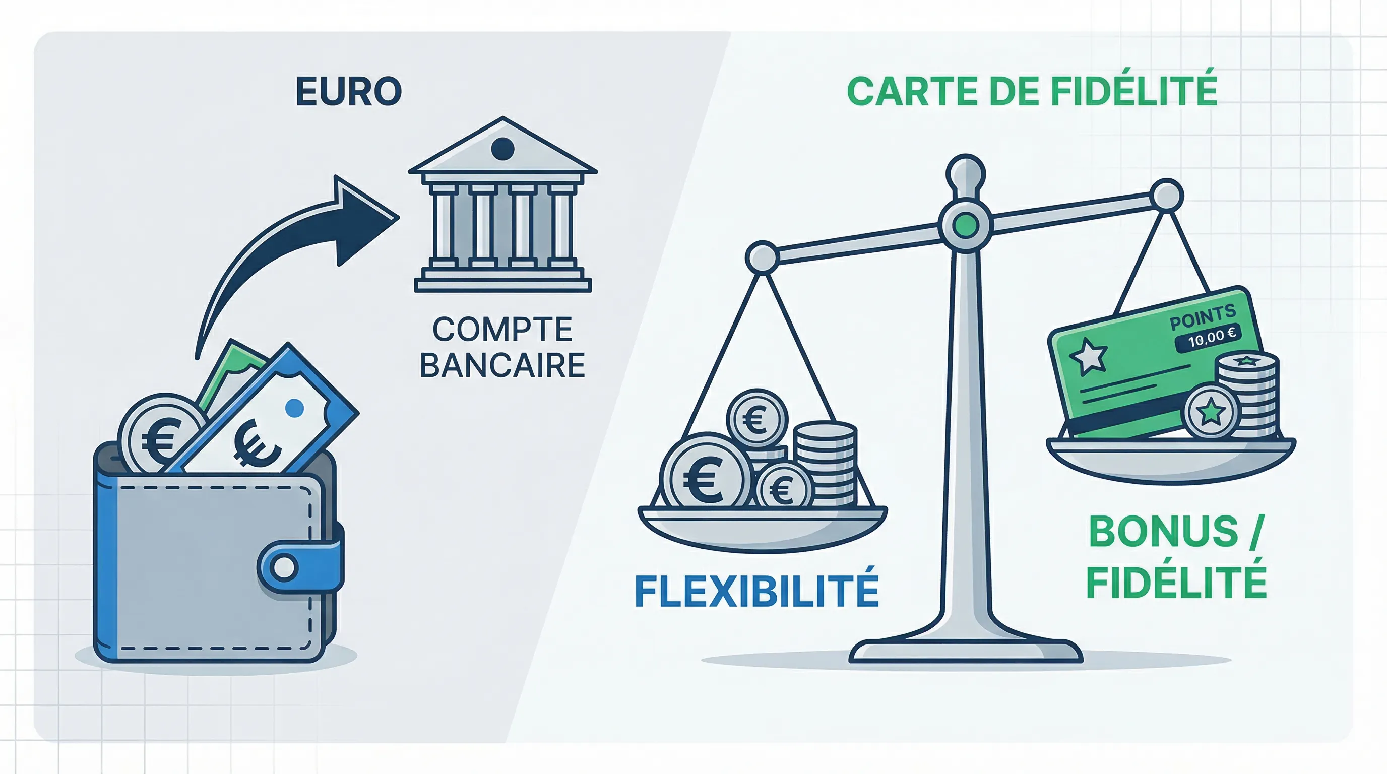 Illustration comparative : à gauche un portefeuille en euros avec une flèche vers un compte bancaire, à droite une carte fidélité avec des points, et au centre une balance indiquant “flexibilité” côté euros et “bonus / fidélité” côté points.
