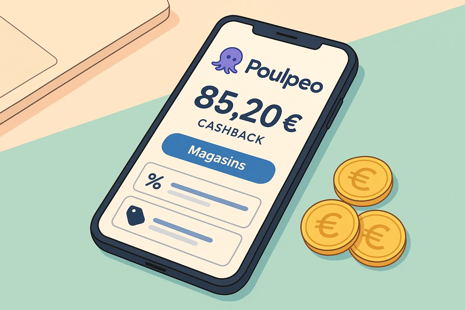 Un smartphone affichant l’interface Poulpeo, posé sur un bureau aux couleurs pastel avec quelques pièces de monnaie à côté, symbolisant le cashback accumulé.