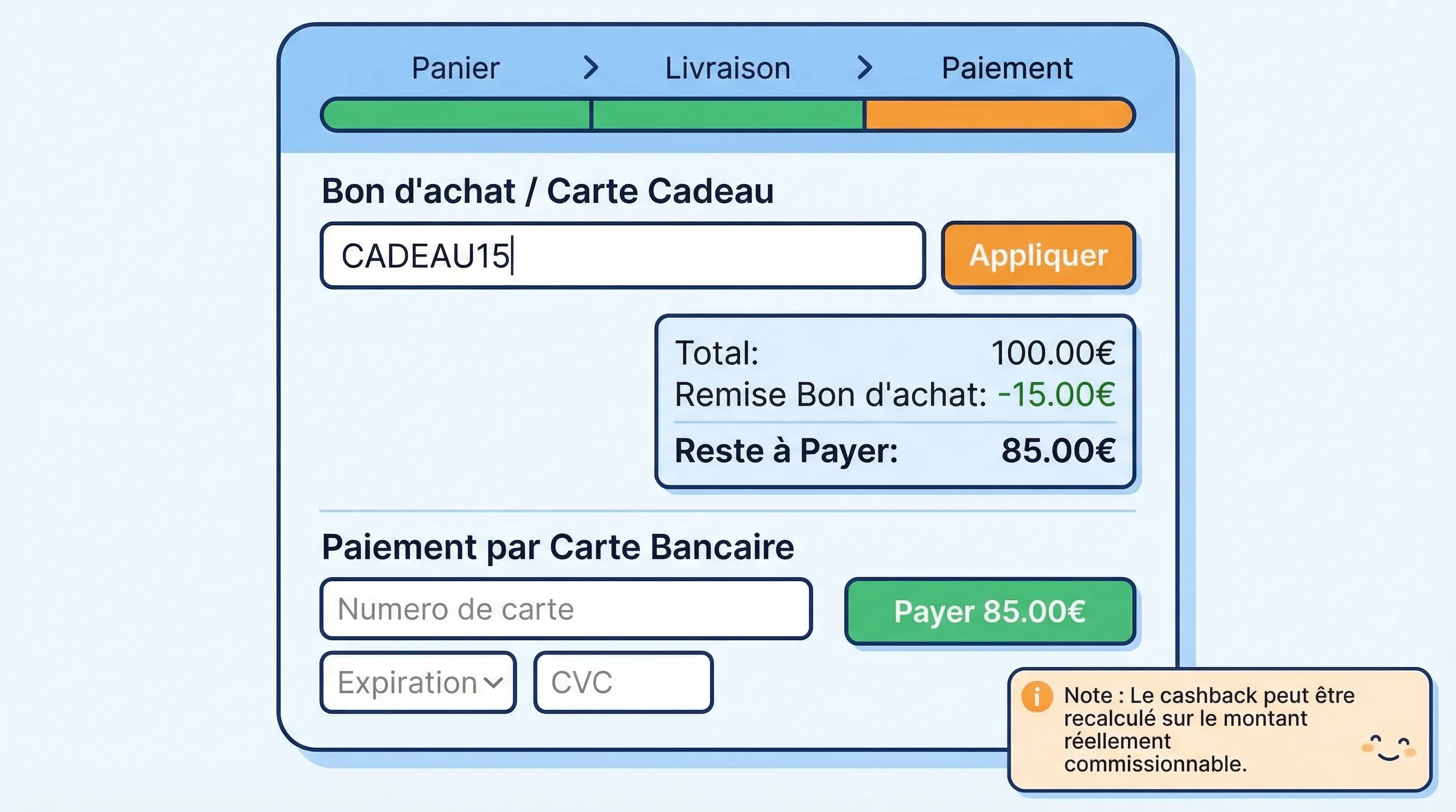 Illustration d’un tunnel de paiement en ligne montrant l’application d’un bon d’achat (carte cadeau) puis un reste à payer par carte bancaire, avec une note rappelant que le cashback peut être recalculé sur le montant réellement commissionnable.