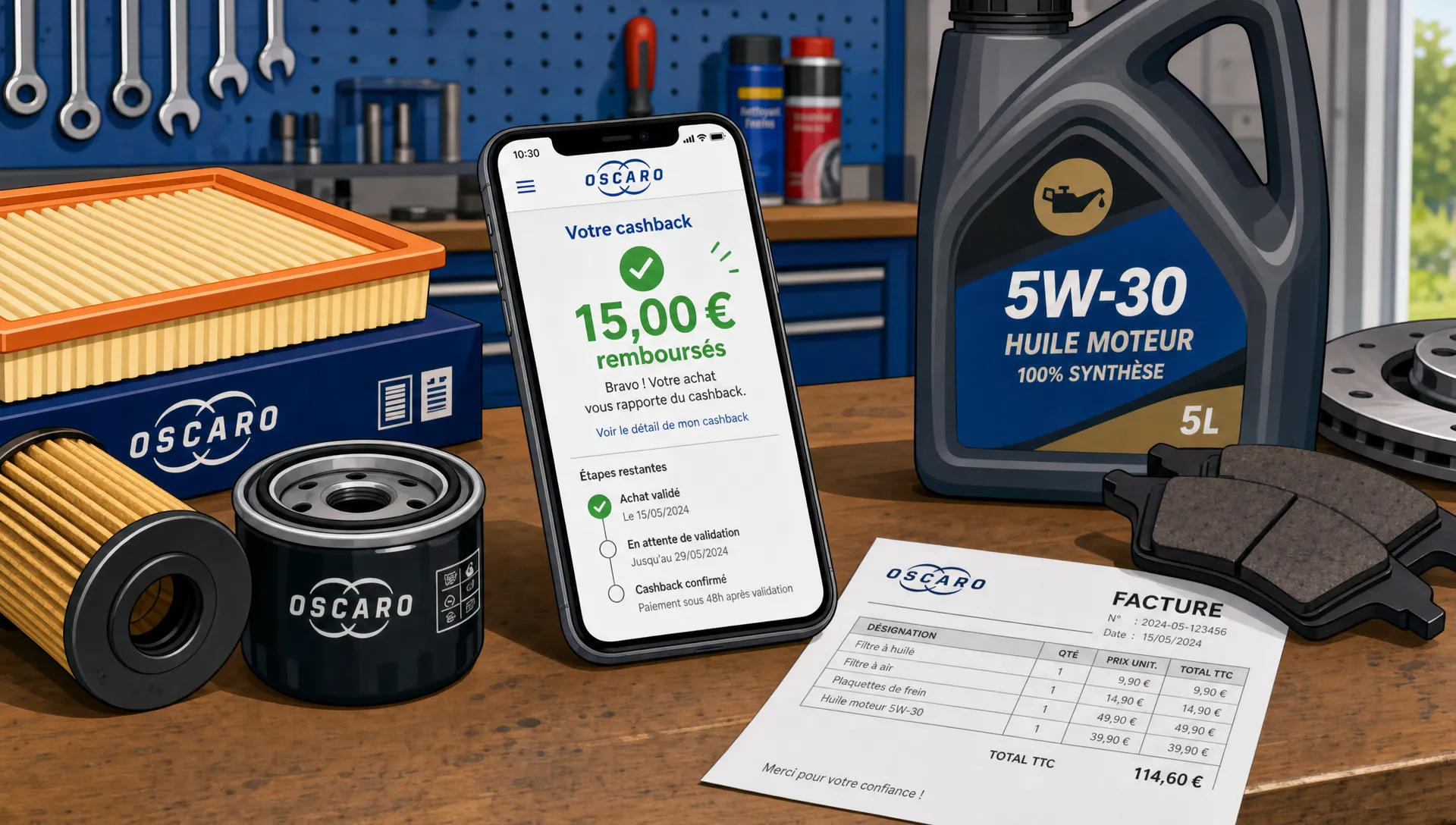 Sur un établi de garage, des filtres, des plaquettes de frein et un bidon d’huile entourent un smartphone ouvert sur une offre de cashback Oscaro, avec une facture à côté.