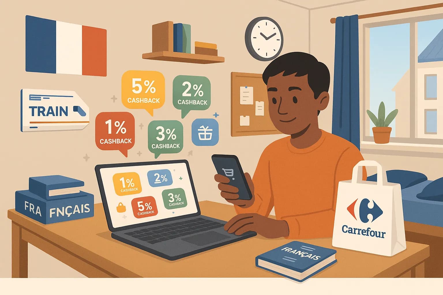 Une étudiante internationale consulte une application de cashback sur son smartphone dans une chambre universitaire française