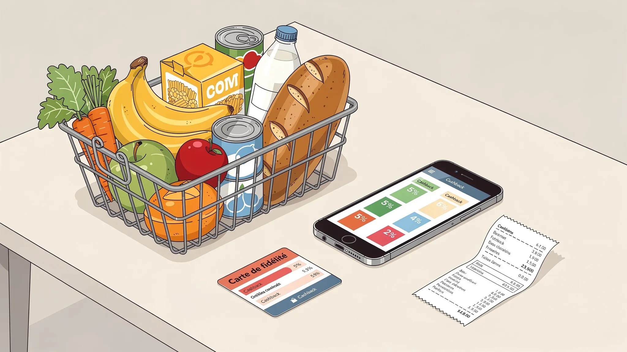 Un panier de courses rempli de produits alimentaires posé à côté d’un smartphone affichant une comparaison de cashback, avec une carte de fidélité et un ticket de caisse visibles sur la table.