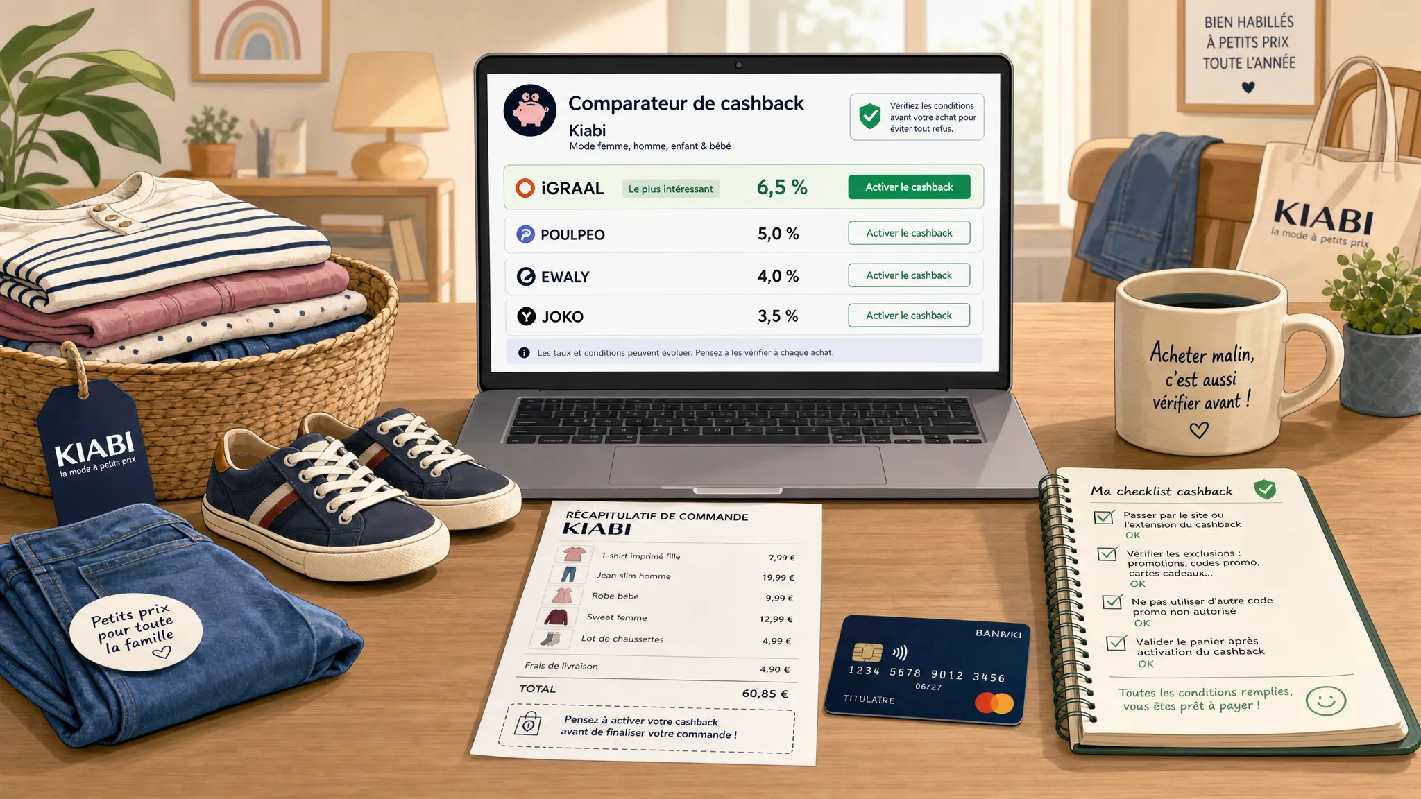 Une table de préparation de commande avec des vêtements pour enfants et adultes, un ordinateur portable ouvert face à l’observateur sur un panier en ligne et un carnet de vérifications cashback posé à côté.