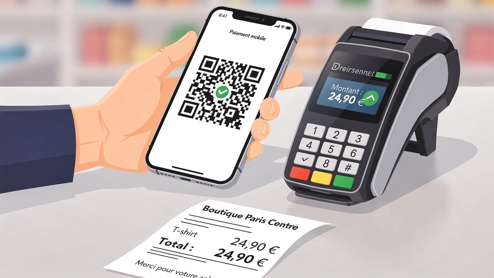 Photo illustrant une scène de paiement en magasin : une main tient un téléphone affichant un QR code orienté face au lecteur de caisse, à côté d’un terminal de paiement et d’un ticket de caisse posé sur le comptoir.