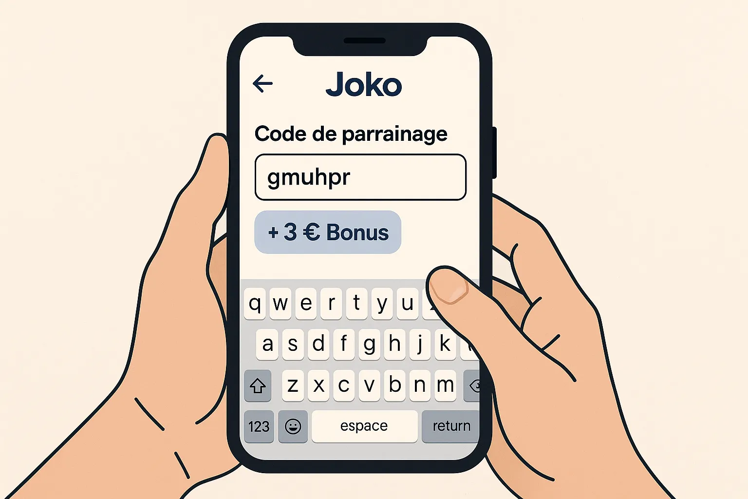 Écran de smartphone affichant l’application Joko avec un champ « Code parrainage » rempli par gmuhpr et un bonus de 3 € visible, mains tenant le téléphone.