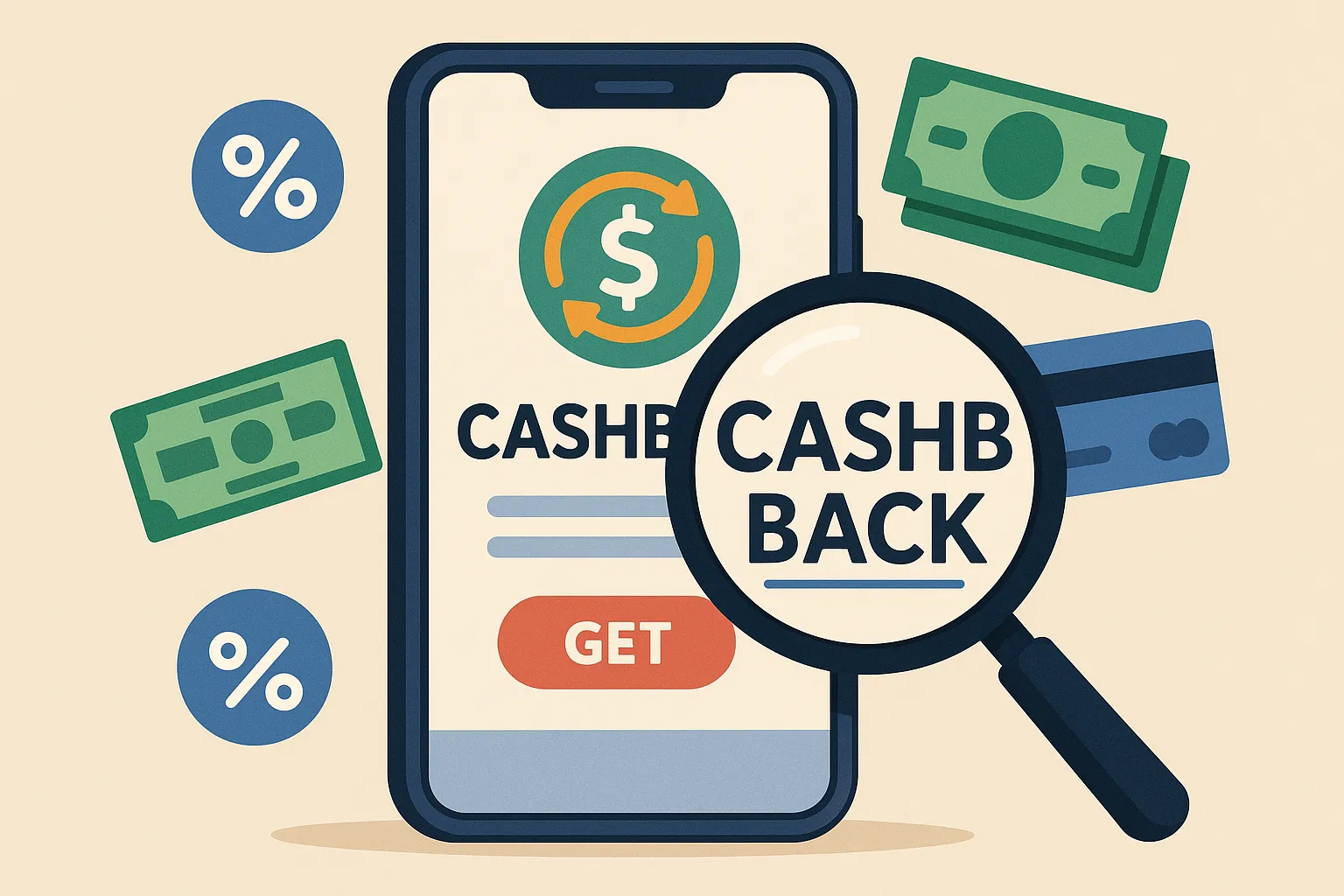 Une illustration en flat design représentant un smartphone ouvert sur une application de cashback entouré d’icônes de pourcentage, billets et cartes bancaires. Au premier plan, une loupe agrandit un mot souligné, symbolisant la recherche du sens du jargon.