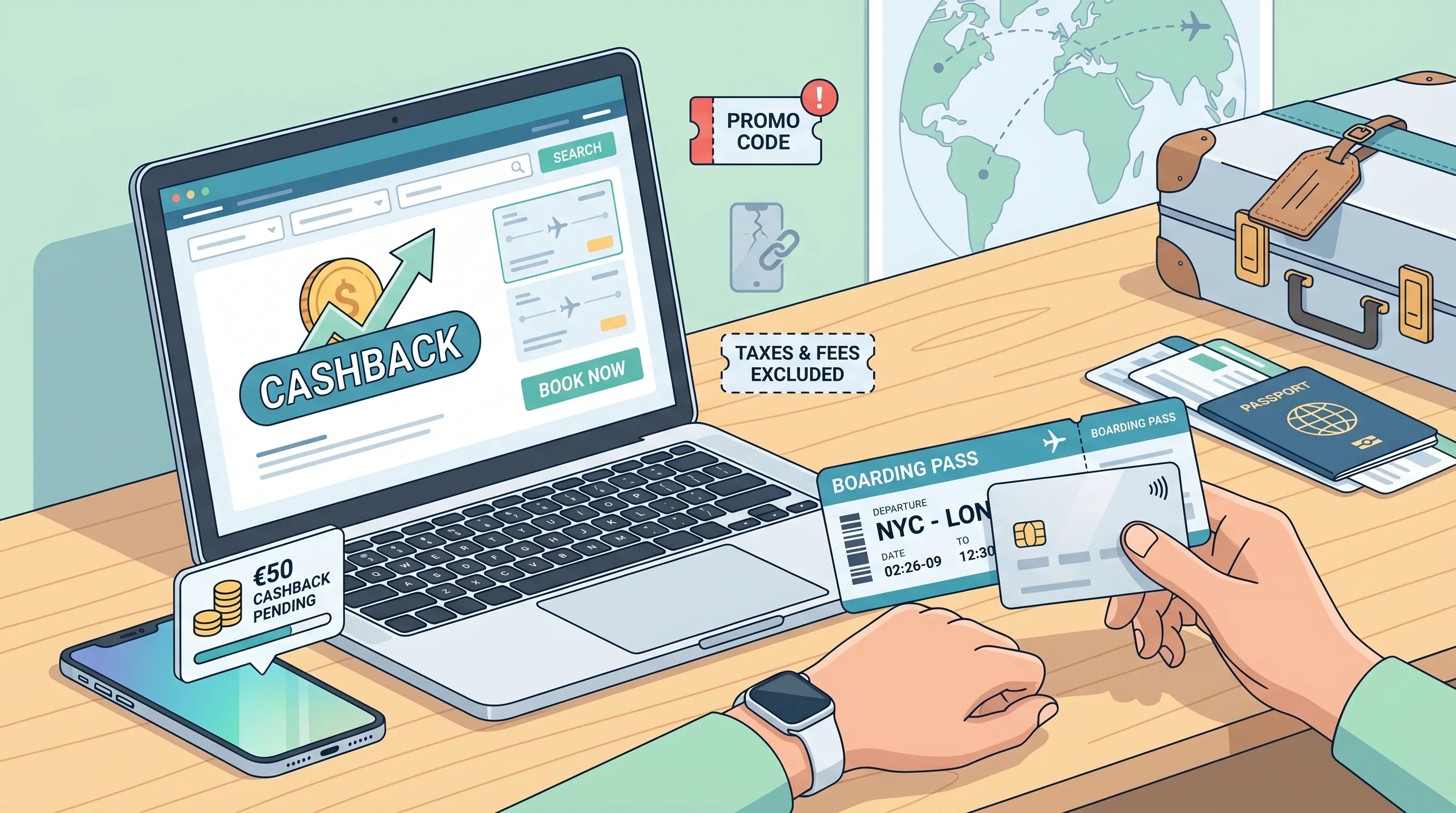 Voyageuse dans un hall d'aéroport consultant le prix d'un billet d'avion et le montant de cashback sur son smartphone, valise à côté et tableau des départs flou en arrière‑plan.