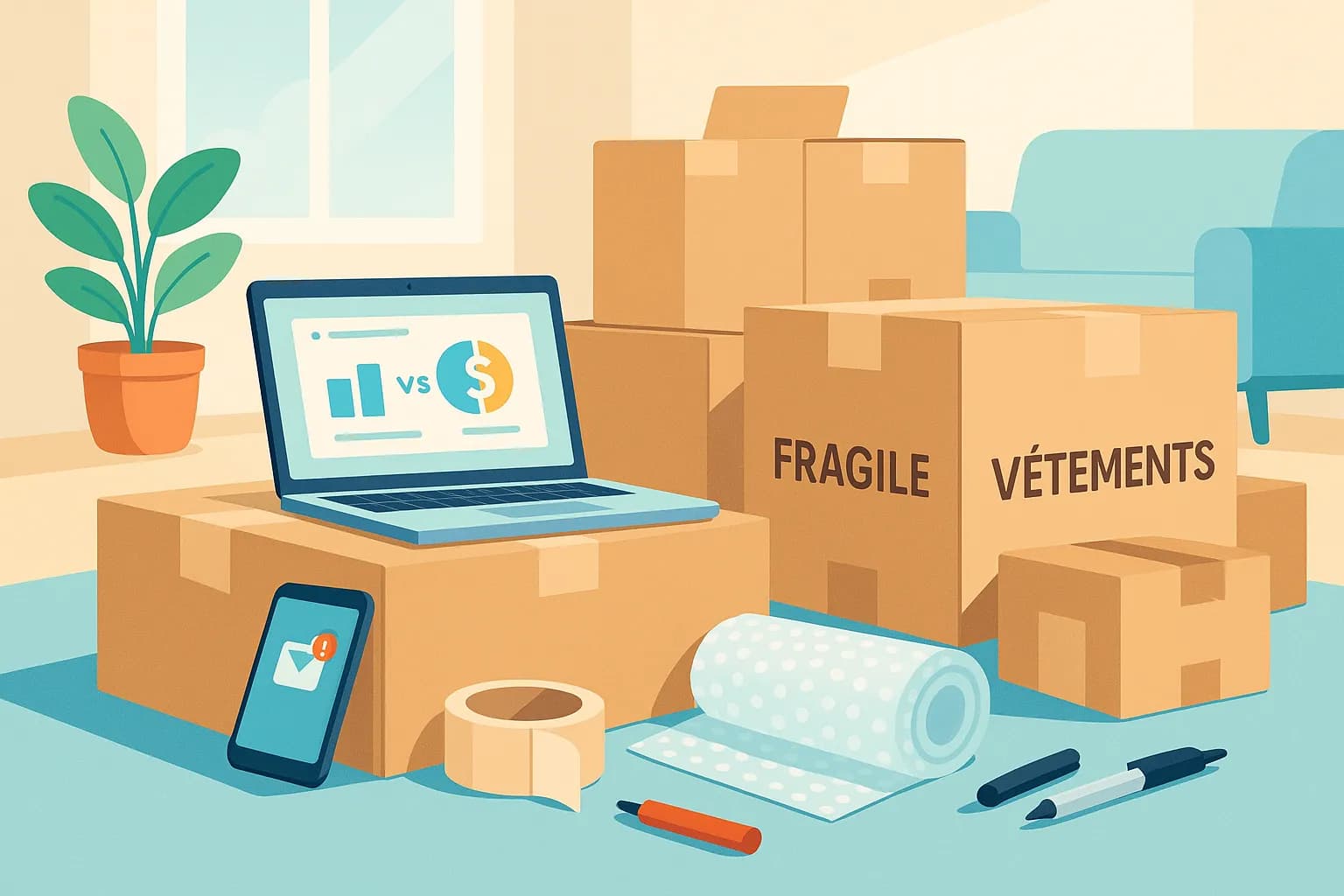 Personnes entourées de cartons consultant un comparateur de cashback sur un ordinateur portable pour optimiser les économies lors d’un déménagement