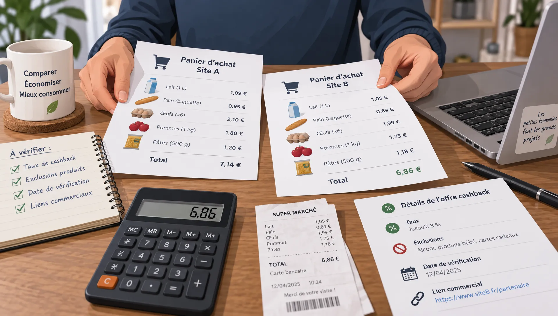 Une personne compare deux offres de cashback sur papier, en vérifiant les taux, les exclusions et la date de mise à jour avec une calculatrice.