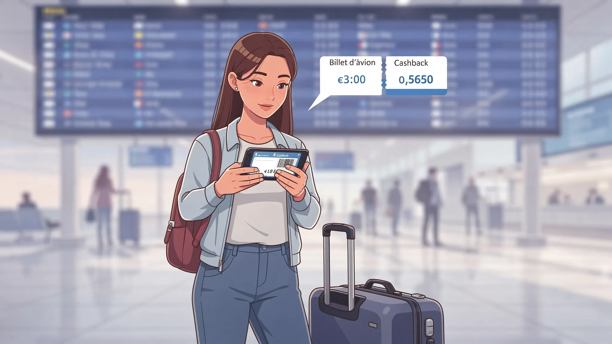Une voyageuse compare le prix d’un billet d’avion et un montant de cashback sur son téléphone dans un hall d’aéroport, avec une valise à côté d’elle et un tableau de départ flou en arrière-plan. L’écran du téléphone est orienté vers elle et correctem...