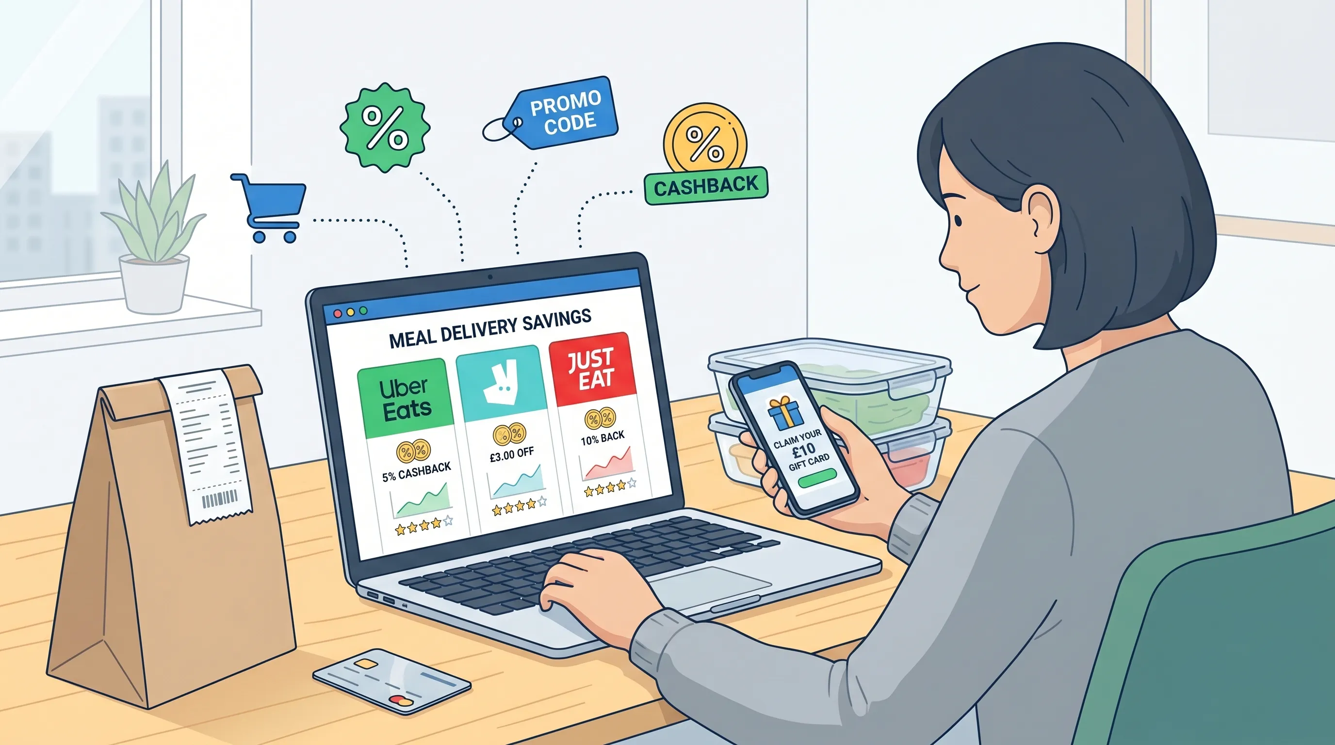 Un sac de livraison de repas posé à côté de boîtes à emporter, d’un reçu de commande et d’une carte bancaire, illustrant les économies possibles sur Uber Eats, Deliveroo et Just Eat.