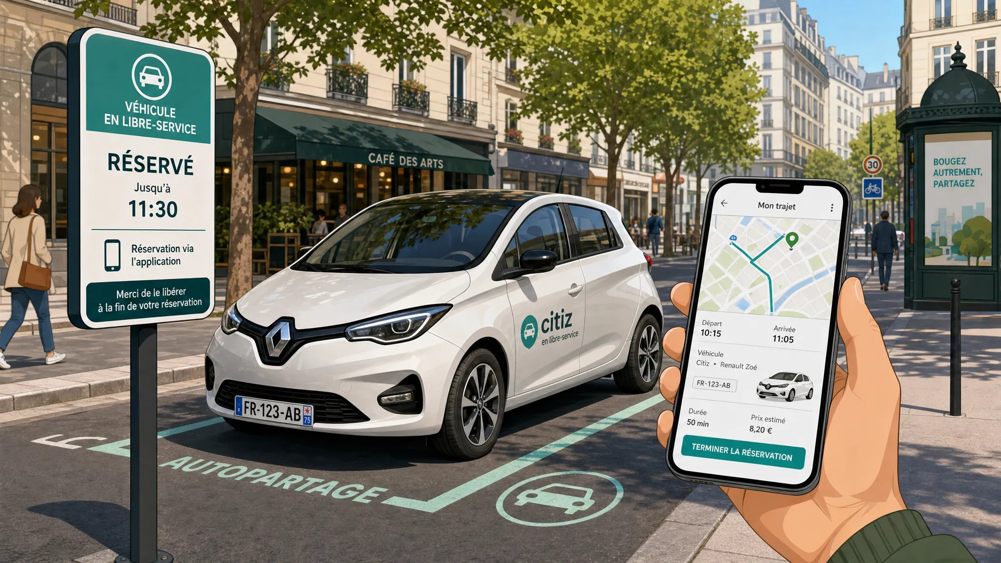 Une voiture partagée stationnée dans une rue urbaine, avec un panneau de réservation à proximité et une carte de trajet visible sur un téléphone tenu à côté du véhicule. La scène montre une utilisation ponctuelle de véhicule en libre-service, avec un...