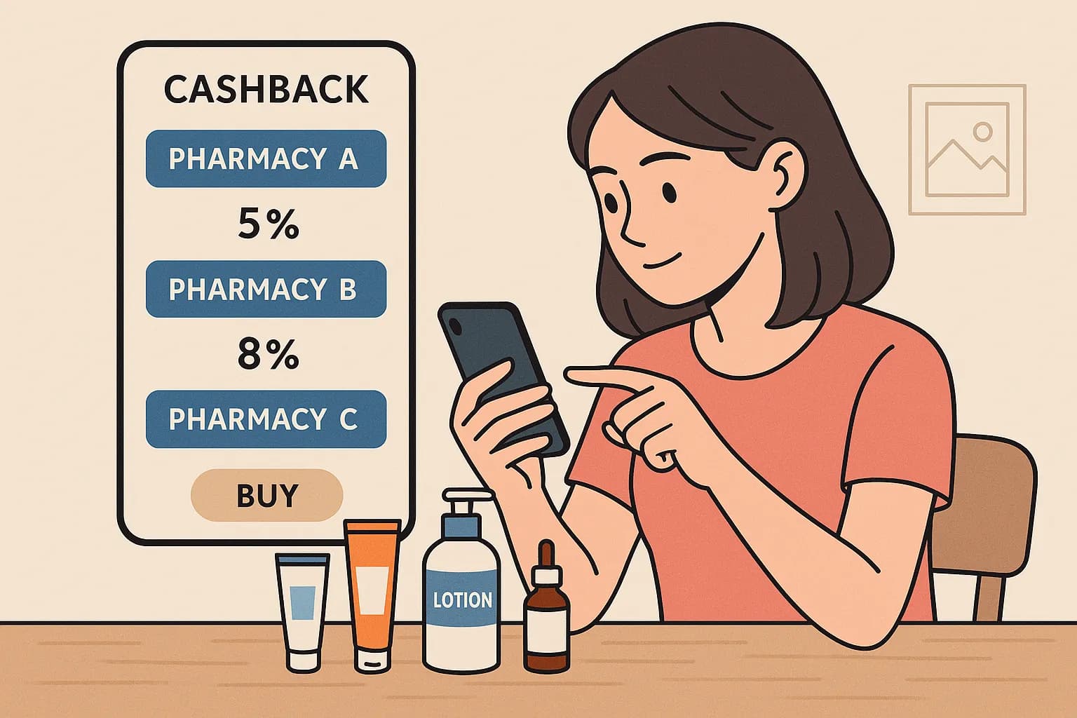 Une jeune femme compare sur son smartphone les taux de cashback des principales pharmacies en ligne avant de valider son panier de produits dermocosmétiques posés sur la table, tubes et flacons clairement identifiables.