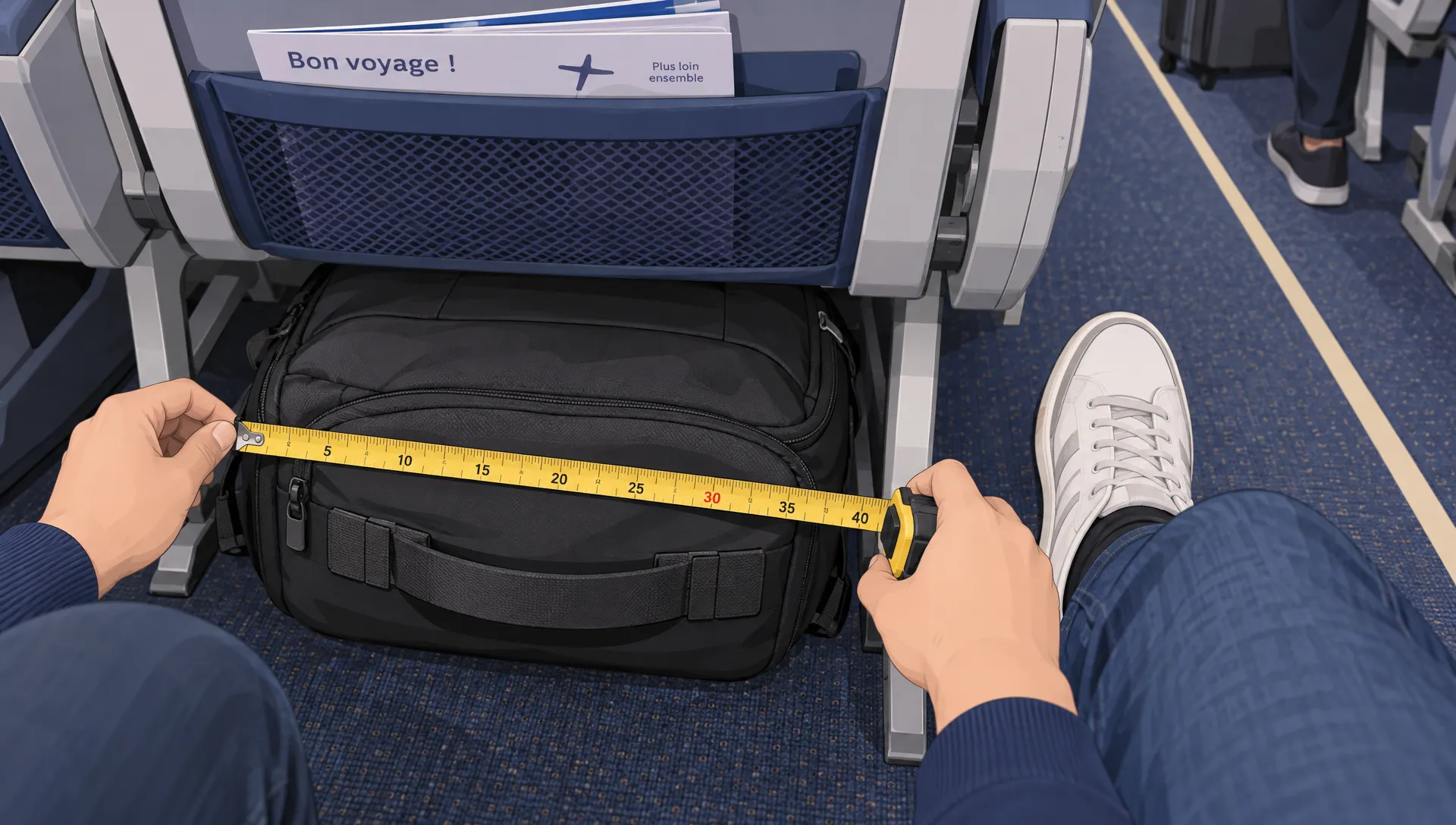 Un sac à dos souple est mesuré sous un siège d’avion pour vérifier le format du bagage cabine avant un vol easyJet.