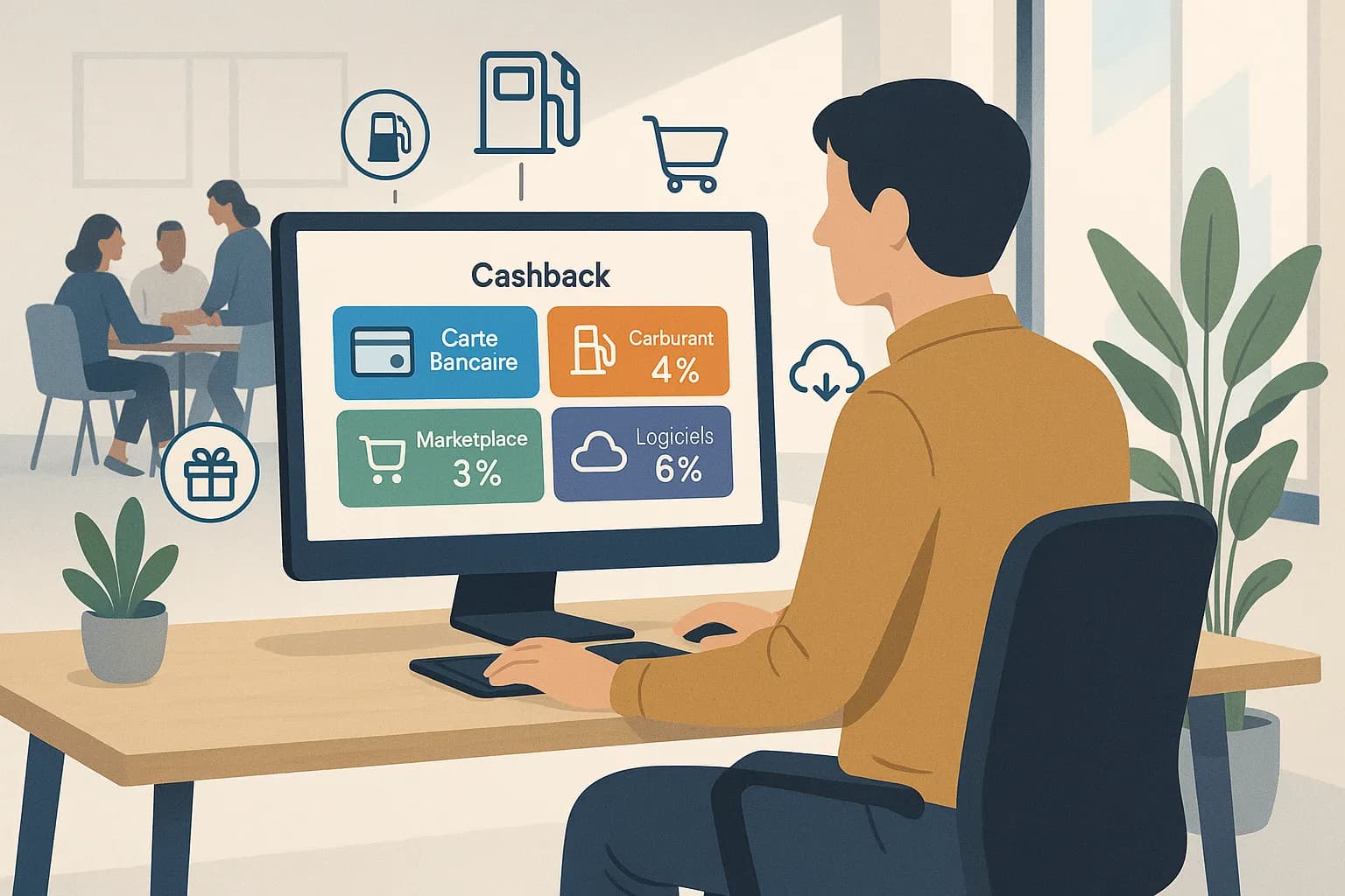 Illustration montrant un dirigeant de PME consultant un tableau de bord en ligne affichant différents pourcentages de cashback issus de sa carte bancaire, de sa carte carburant et d’une plateforme d’achats B2B.