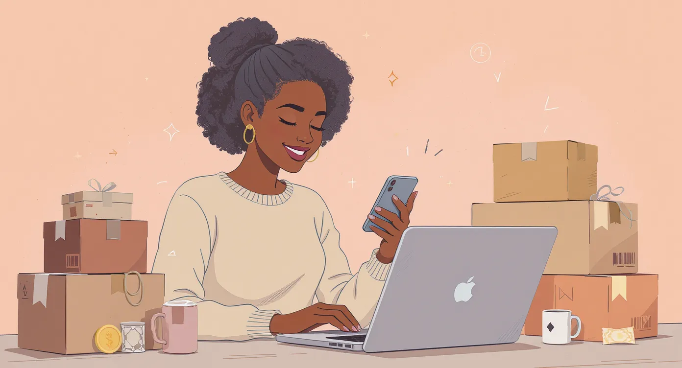 Une jeune acheteuse souriante consulte l’écran de son smartphone devant son ordinateur portable ouvert, une pile de colis à ses côtés, illustrant la joie de cumuler cashback et achats en ligne.