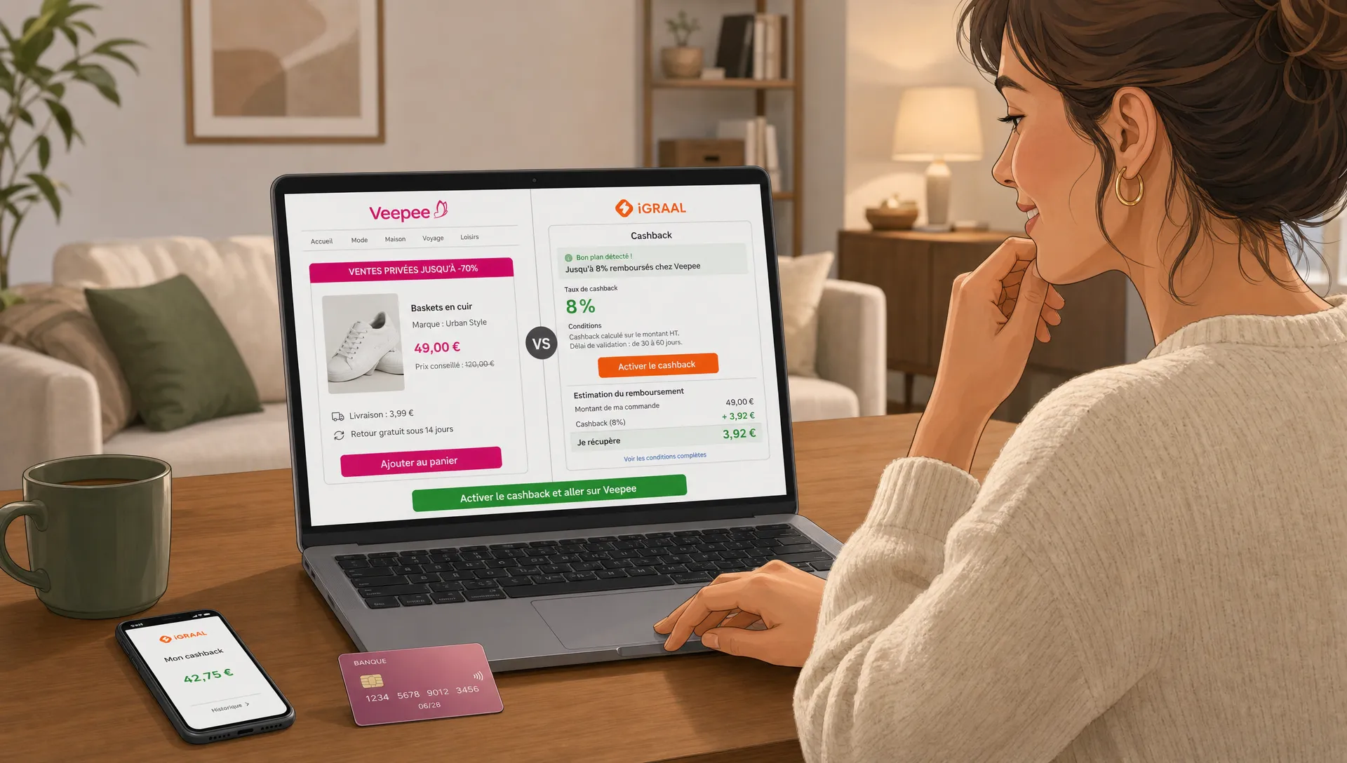 Un panier d’achats Veepee avec une remise affichée, une carte bancaire et un téléphone ouvert sur le cashback à côté.