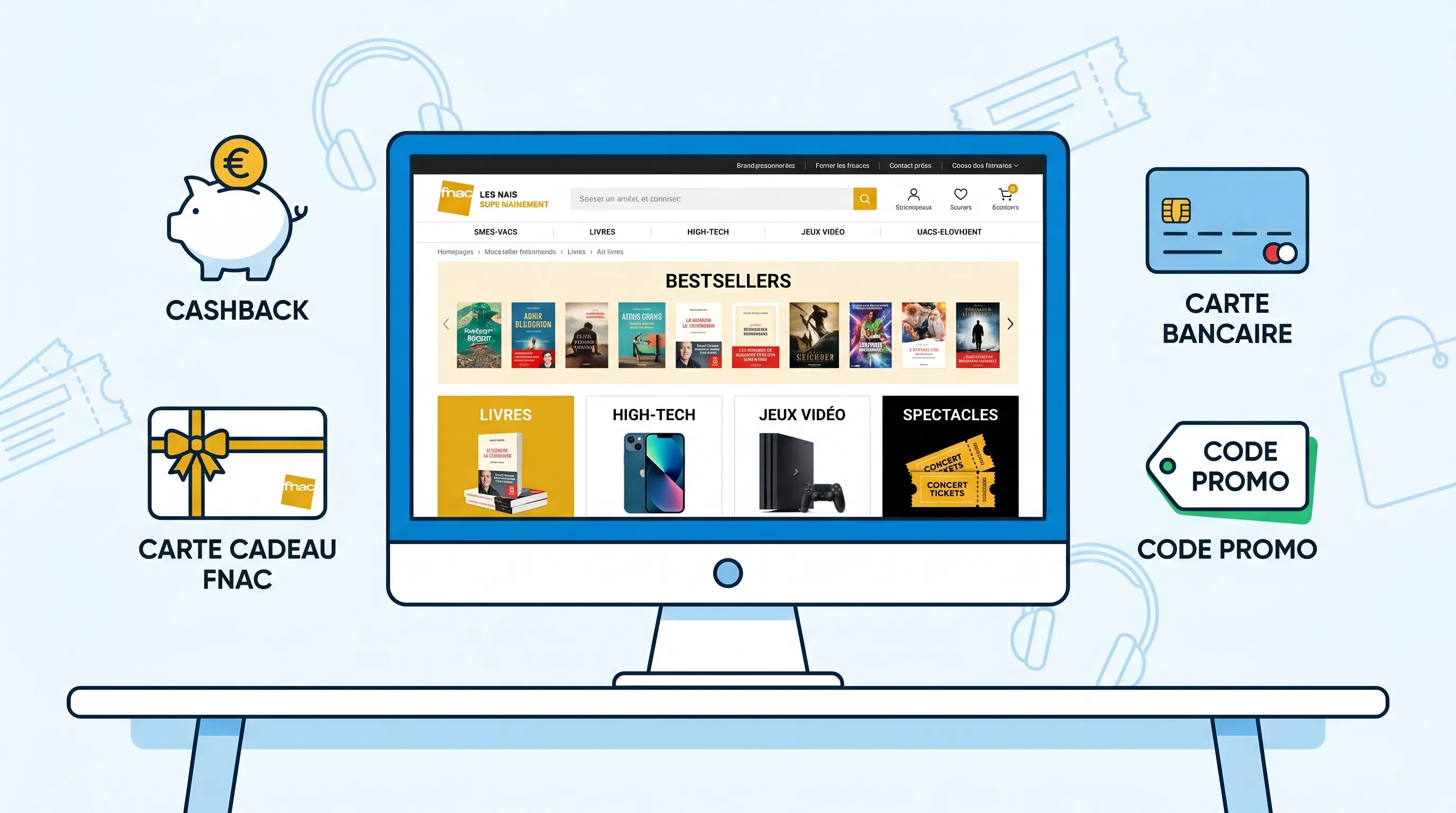 Personne faisant des achats sur Fnac.com depuis un ordinateur portable et un smartphone, avec des icônes et étiquettes indiquant cashback, cartes-cadeaux et pourcentages d’économies.