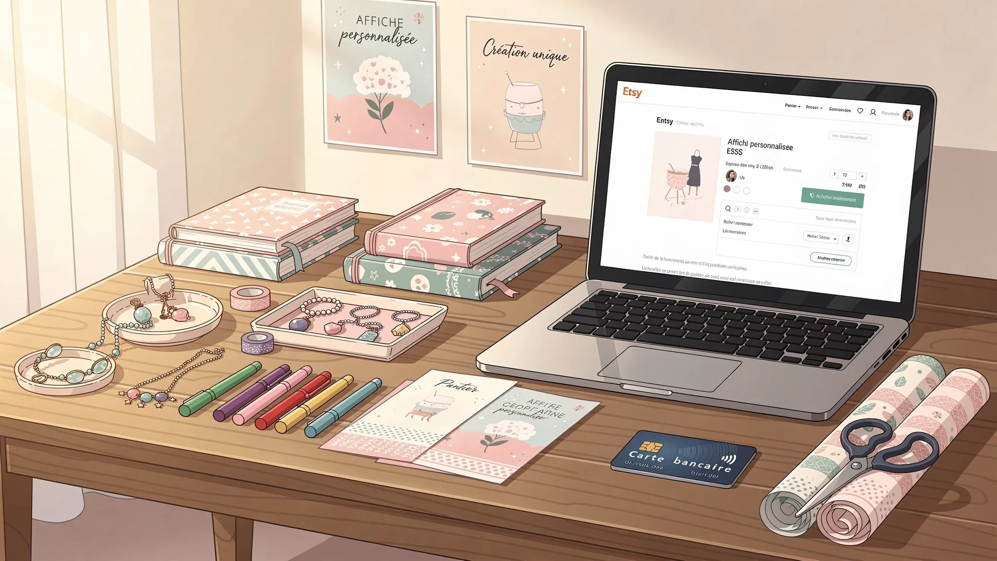 Une table avec des créations artisanales, bijoux, affiches personnalisées, carnets et fournitures de loisirs créatifs, accompagnée d’un ordinateur ouvert sur une page d’achat Etsy et d’une carte bancaire posée à côté.