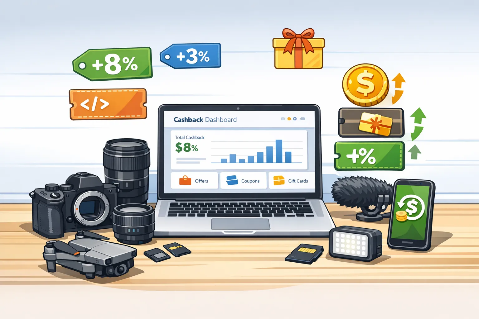 Flat lay d’un setup photo/vidéo moderne sur une table en bois : boîtier hybride plein format avec objectif, objectifs supplémentaires, drone plié, micro shotgun, lampe LED portable, cartes SD et smartphone affichant une appli de cashback.