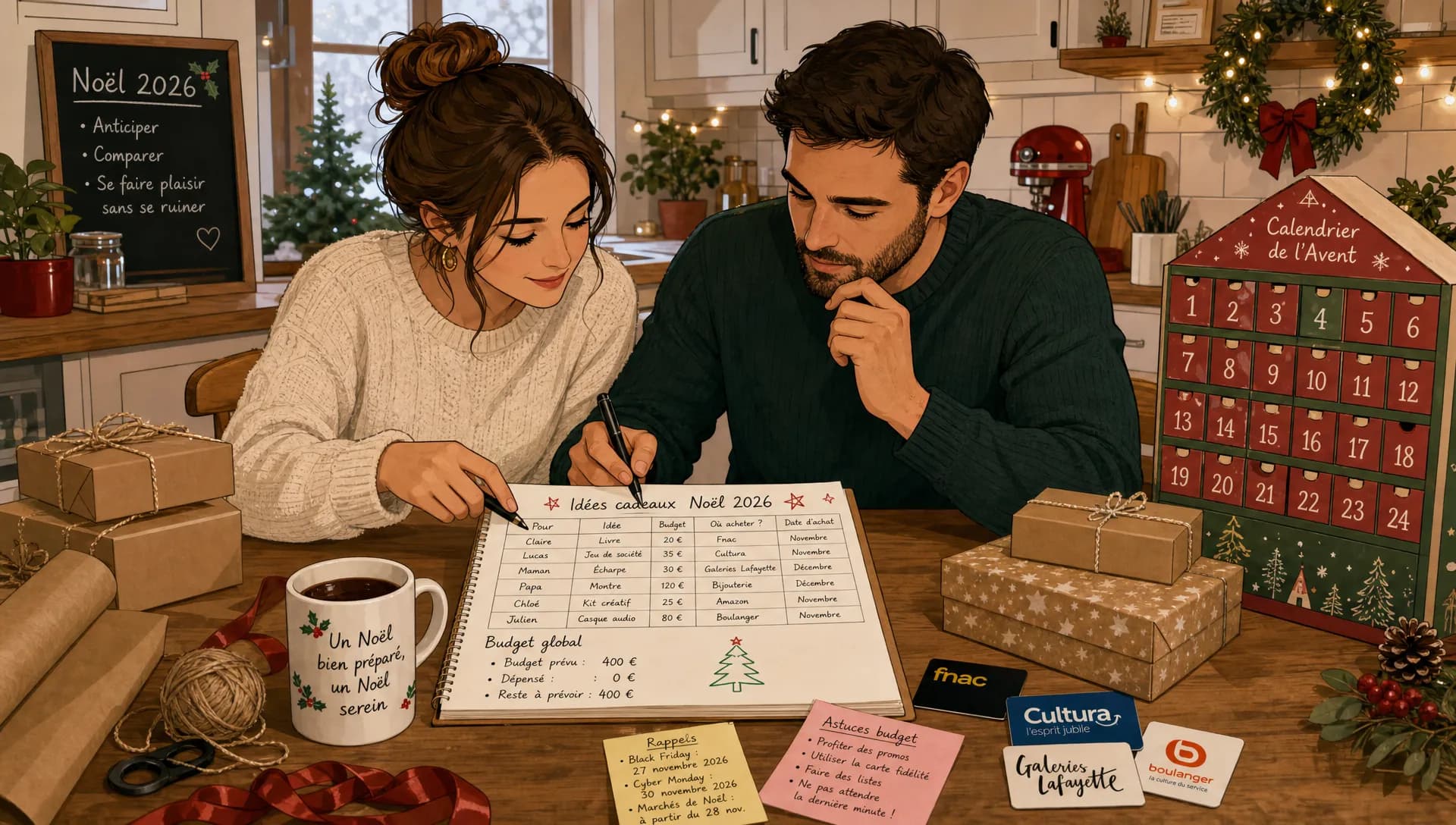 Un calendrier de Noël 2026 posé près de paquets cadeaux et de notes de budget, pour préparer ses achats sans stress avec le cashback.