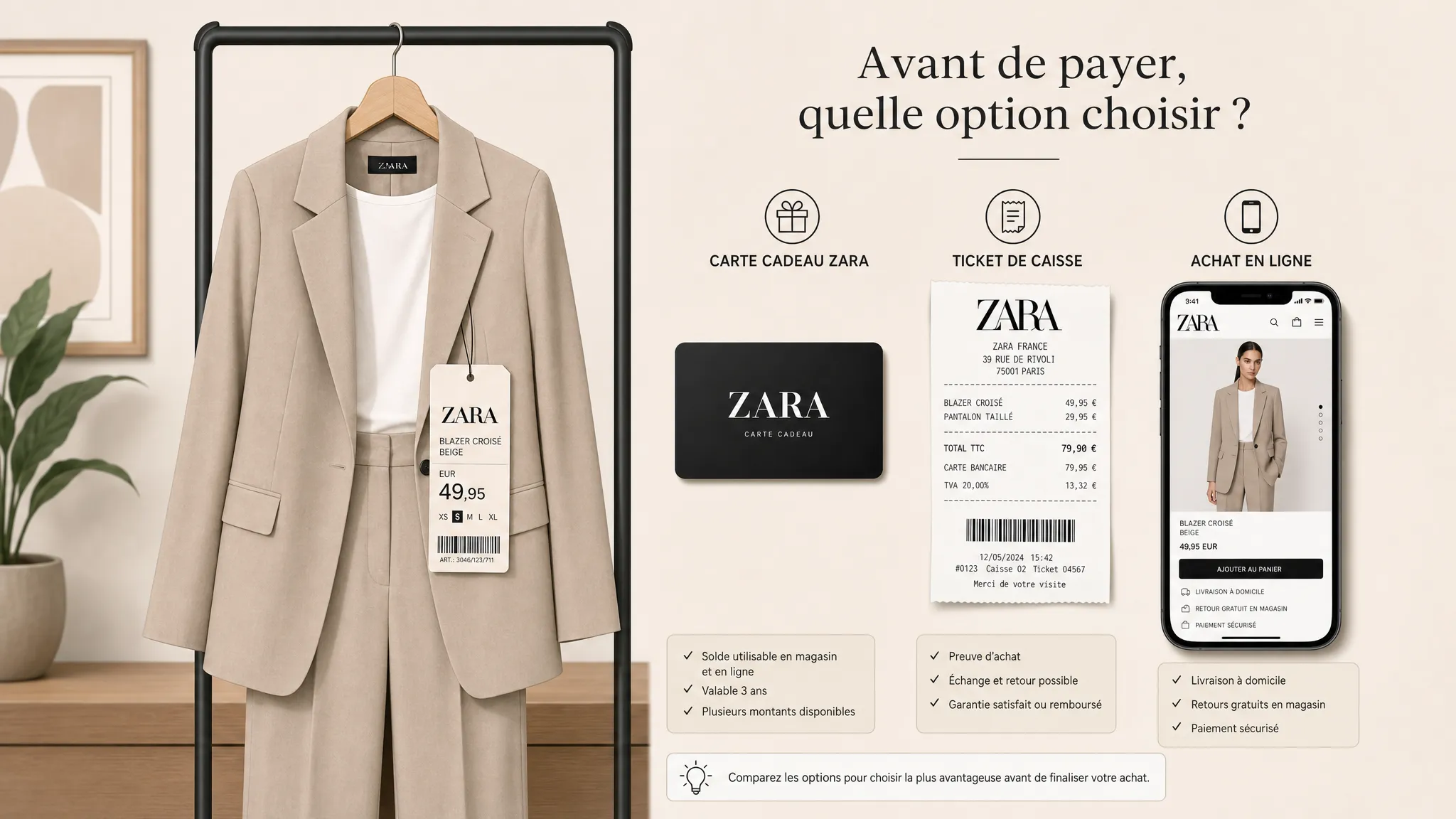 Une personne consulte sur un ordinateur portable les options de cashback pour un panier Zara, avec un téléphone à côté et quelques vêtements pliés sur la table.
