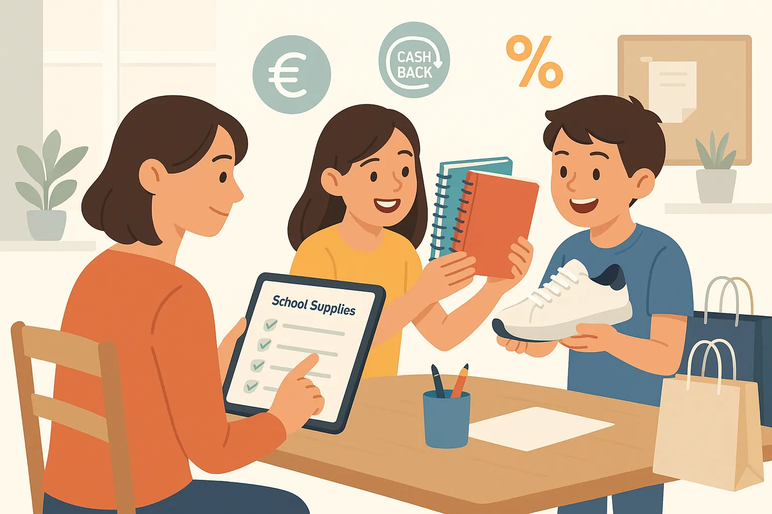 Une mère coche une liste de fournitures scolaires sur une tablette pendant que ses deux enfants comparent des cahiers colorés avec un pictogramme cashback 5 % en surimpression