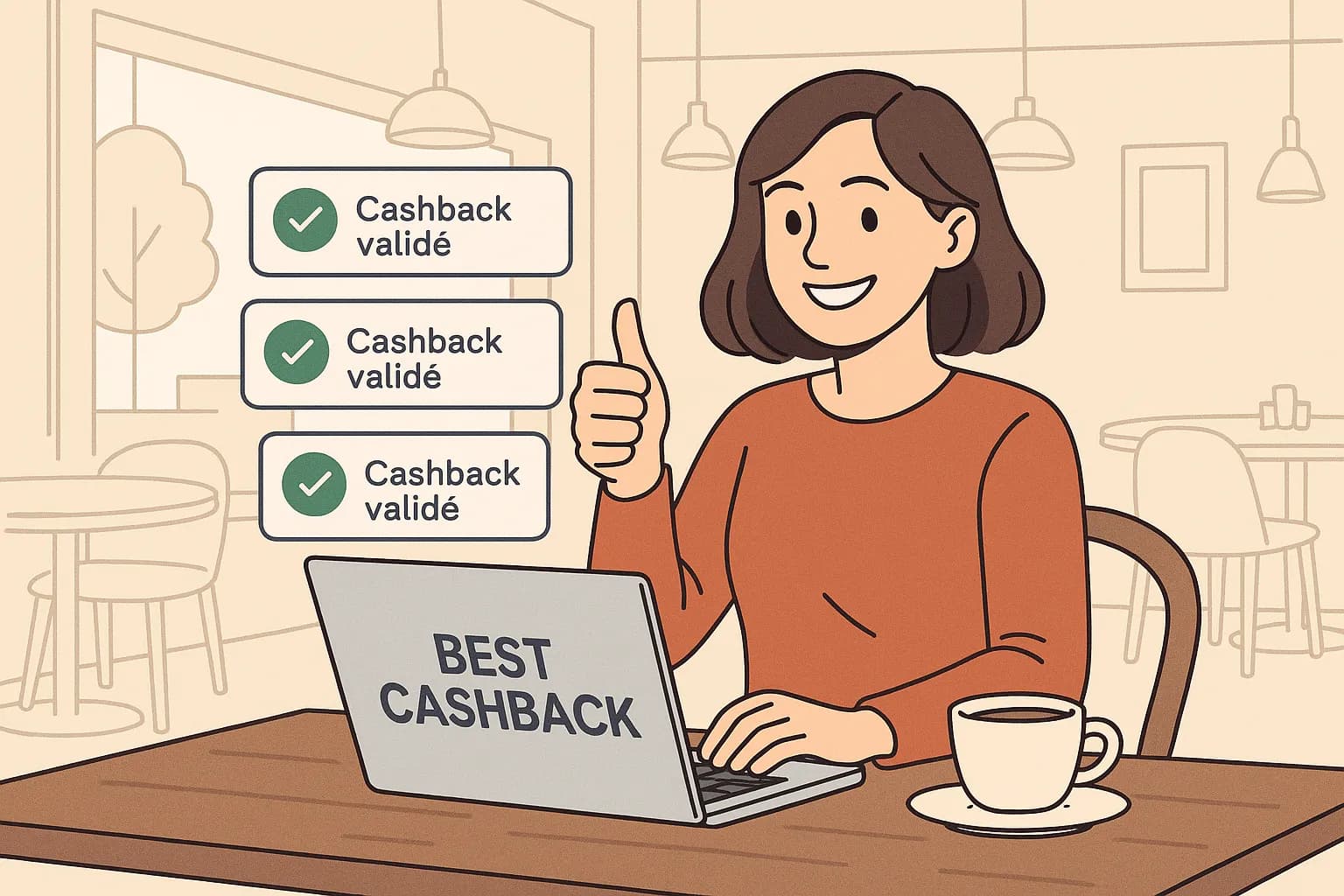 Une femme assise dans un café, ordinateur ouvert sur Best Cashback, levant le pouce avec un sourire satisfait après avoir reçu plusieurs notifications de cashback validé.