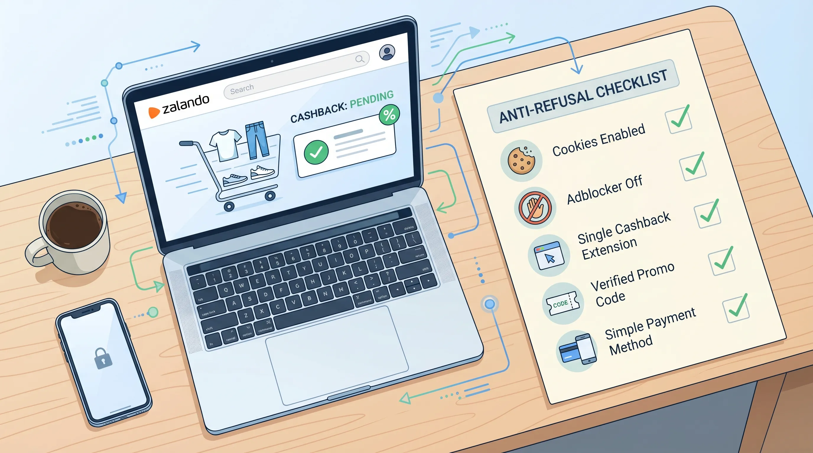 Personne consultant Zalando sur un ordinateur portable avec une checklist (cookies activés, adblock désactivé, une seule extension, code promo vérifié) — illustration des bonnes pratiques pour sécuriser le cashback.