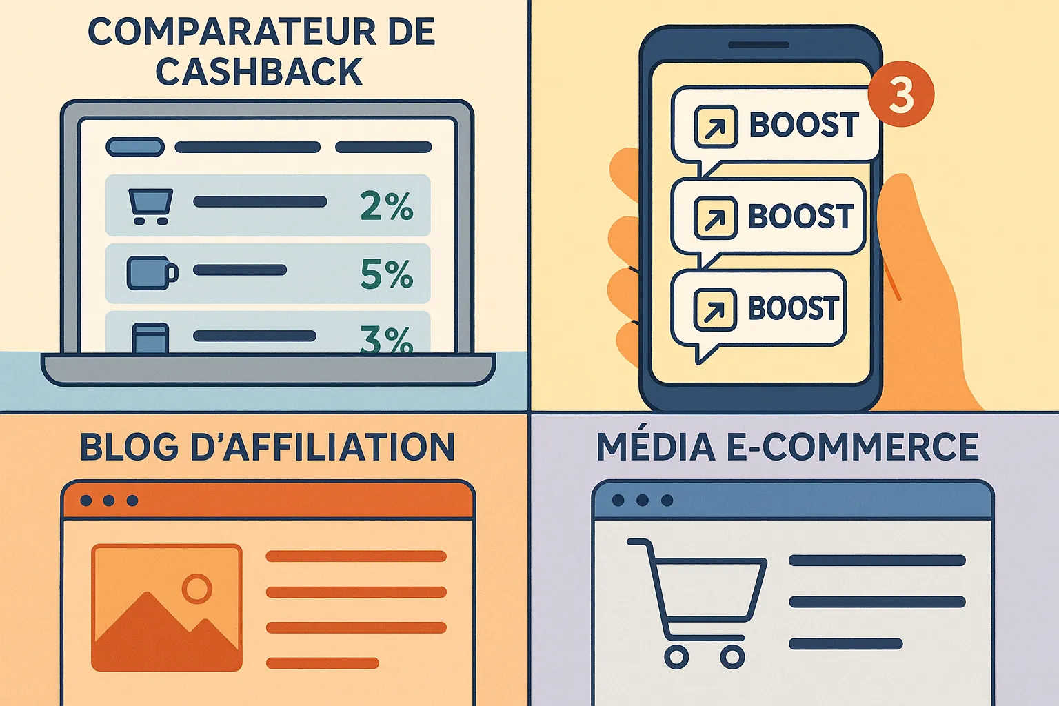 Une mosaïque illustrant un écran d’ordinateur ouvert sur un comparateur de cashback, un smartphone affichant des notifications de boosts, et des onglets de blogs d’affiliation et de médias e‑commerce, symbolisant une routine de veille numérique.