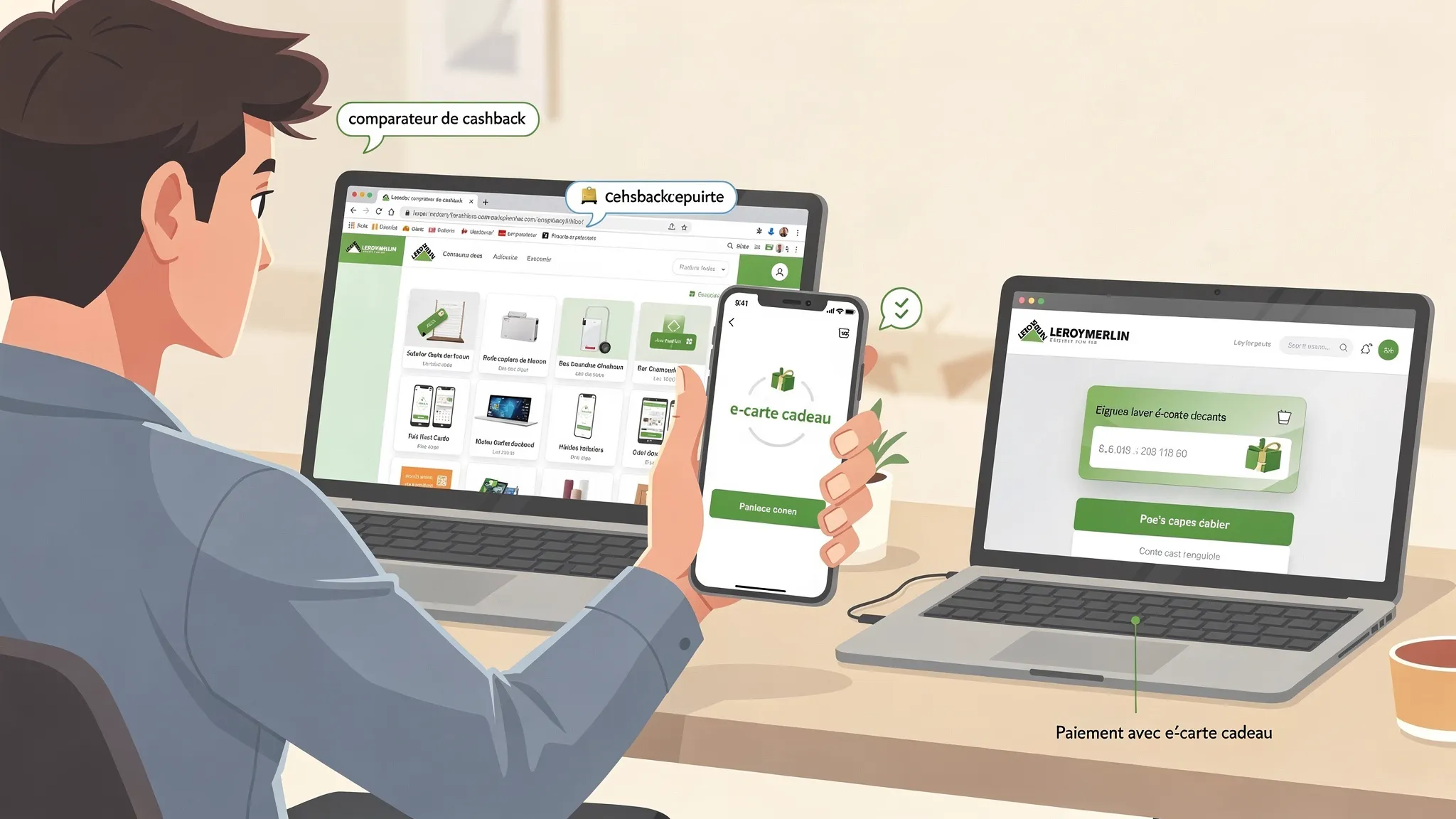 Un utilisateur prépare un achat Leroy Merlin sur ordinateur avec un onglet “comparateur de cashback”, puis achète une e-carte cadeau sur une appli de cashback avant de revenir payer son panier sur le site.